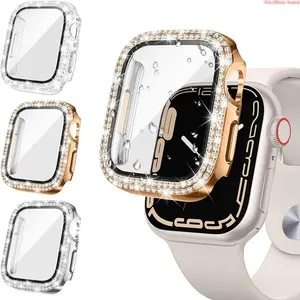 Electroplated Double Row Rhinestone Integrated PC Case With Tempered Glass, Full Protection Cover For Apple Watch Series5-11 Ultra All Sizes (No Watch Included)