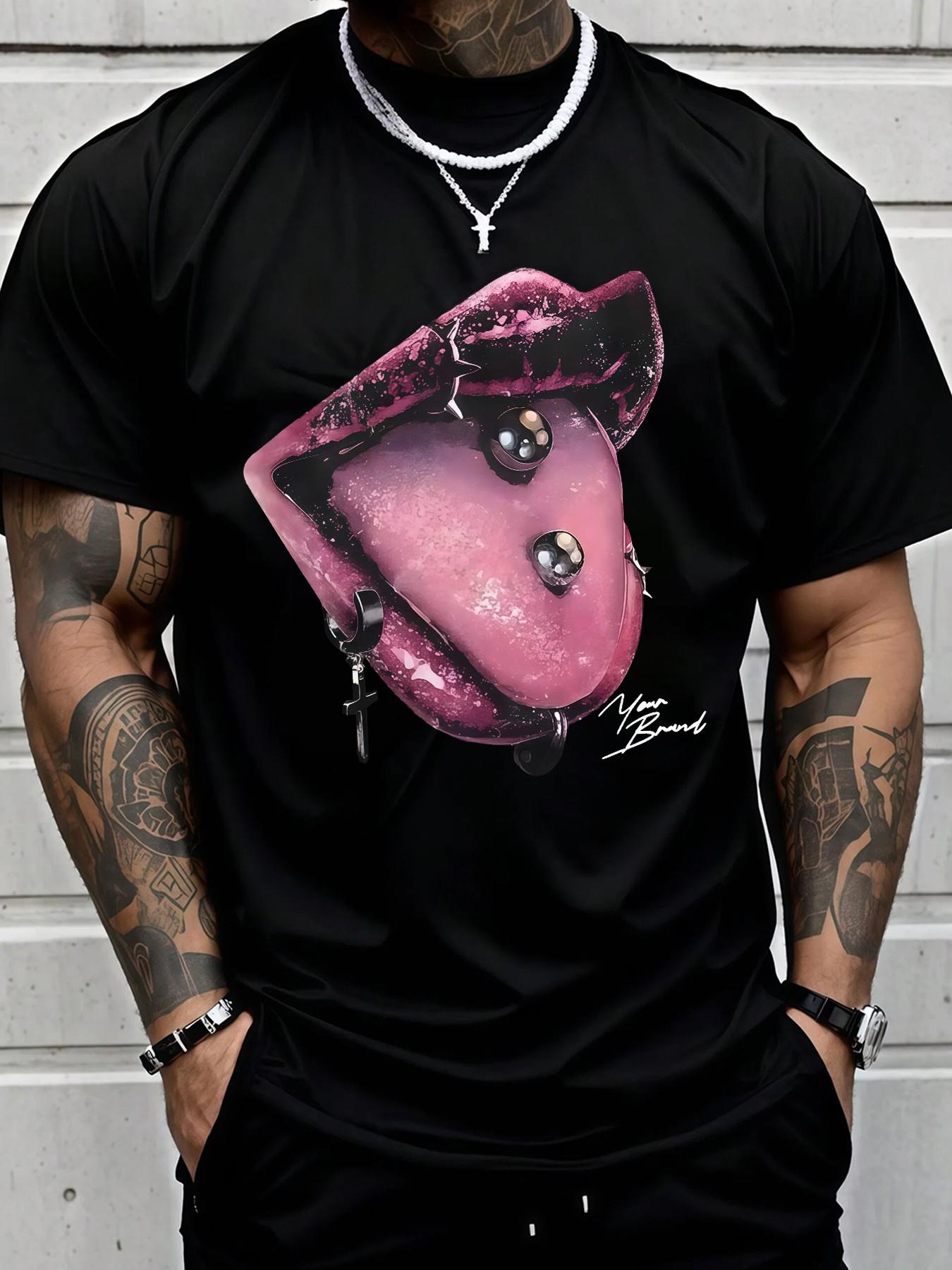 Gothic Pierced Lip Print T-Shirt, Oversized Streetwear Top, Punk Rock Style, Cross and Rivet Details, Dark Aesthetic, Tiktok Trendy