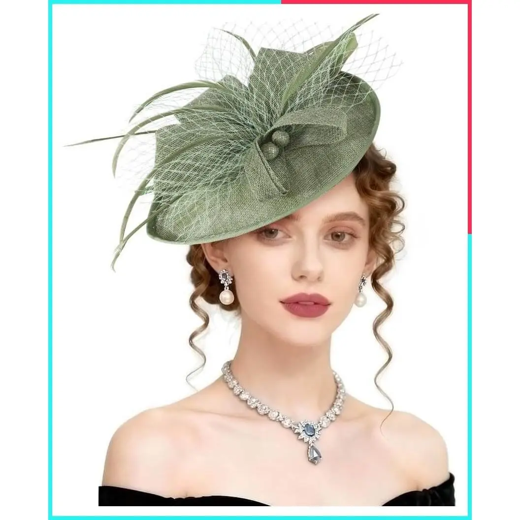 Women's Fascinator Hat Set with Veil, Mesh Bow, Lace Gloves & Pearl Jewelry for Tea Party, Derby, Wedding, Cocktail