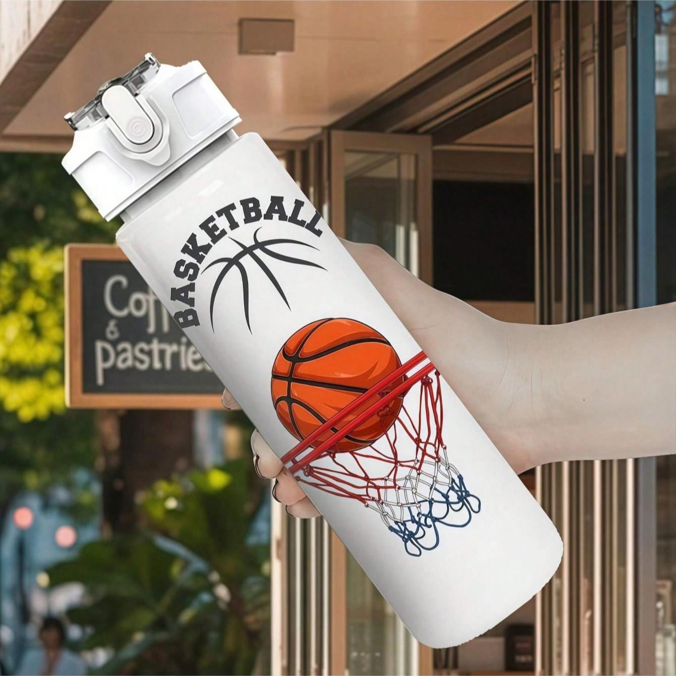 750ML Basketball Pattern Sports Water Bottle, Leak-Proof, Portable, Shatterproof, Pop-Top Lid, Ideal for Running, Birthday, Christmas Gifts