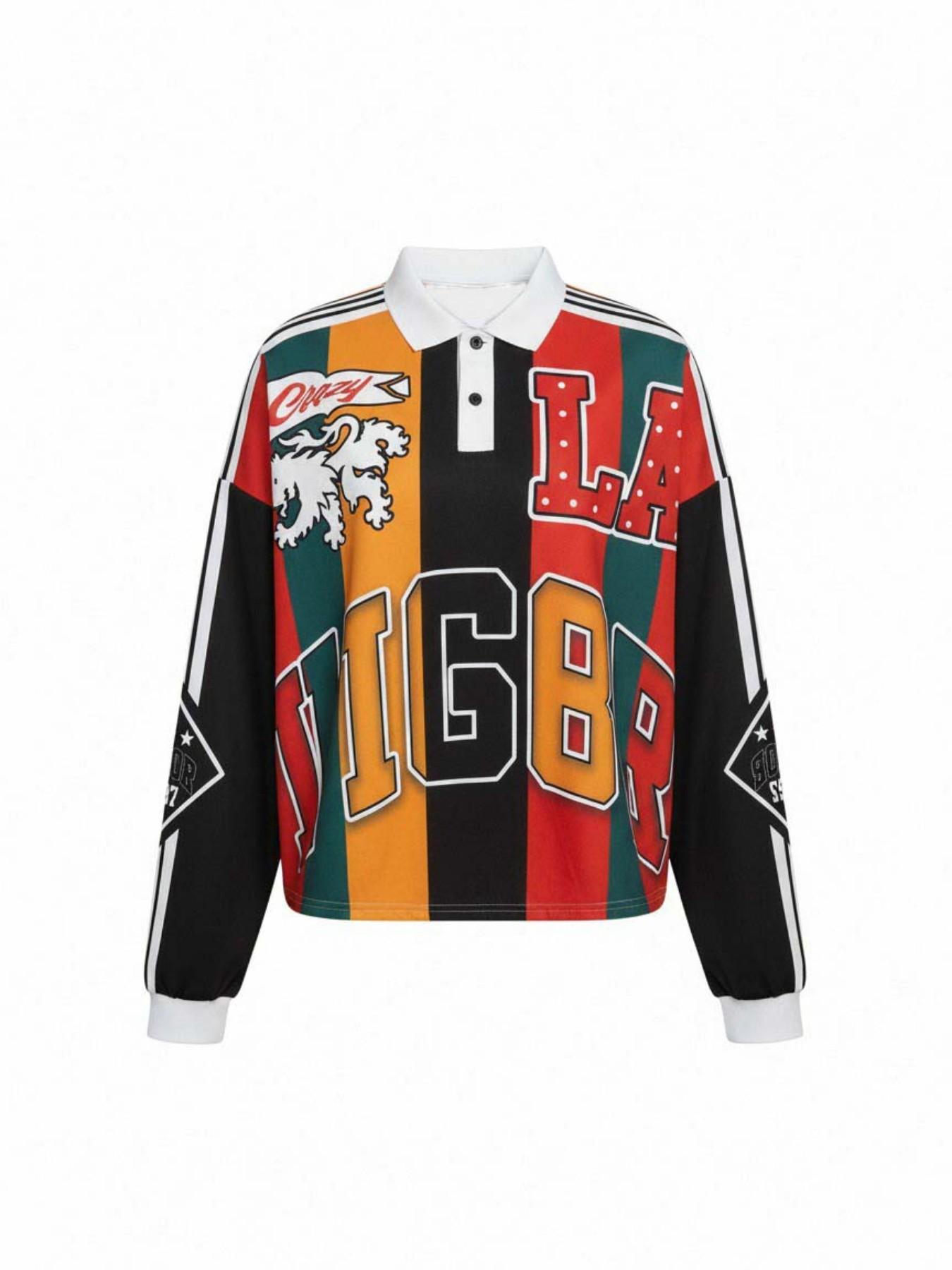 Trendy Women's Retro 168 LA Graphic Oversized Rugby Polo, Multicolor Striped Lion Print Long Sleeve Streetwear Top, Y2K Hip Hop Style Vintage Shirt for Street Style & Daily Wear #mensStreetwearPolo #Y2KFashion #GraphicAthletic