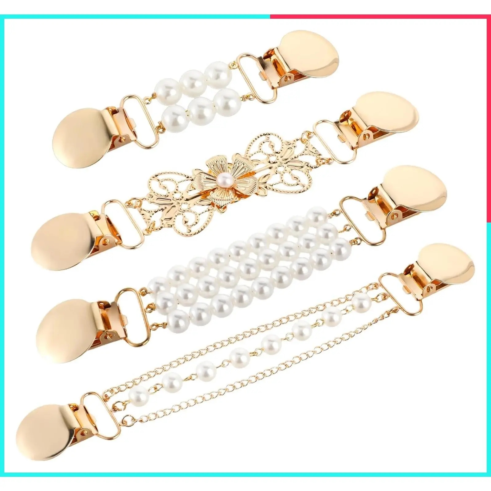 4Pcs Vintage Pearl Back Cinch Clips Set, 4 Styles Brooch Clips for Women Sweater Cardigan Dress Shirt
