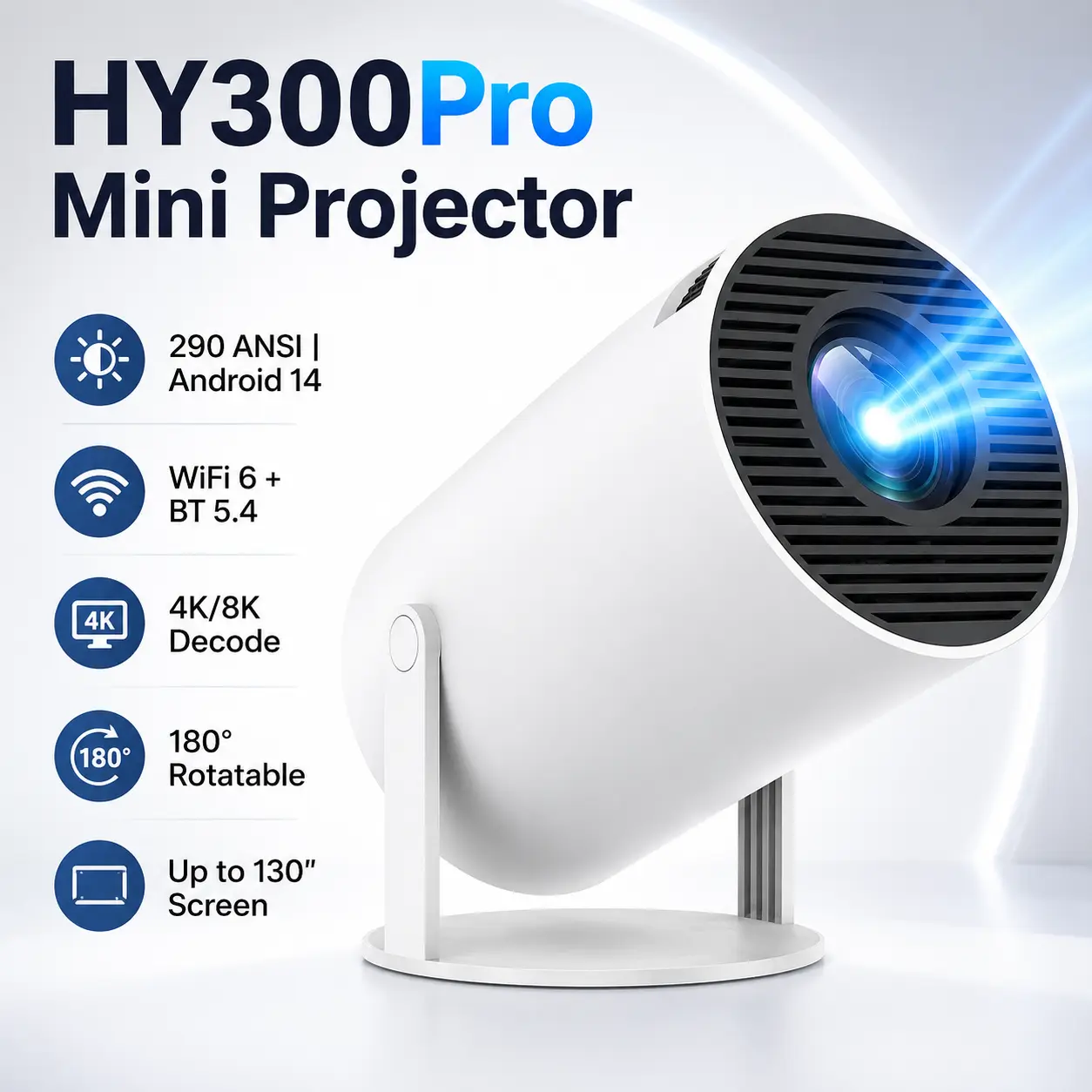 MAGCUBIC HY300Pro Mini Portable Projector, 290 ANSI Android 14 Smart Projector with Dual-Band WiFi 6, Bluetooth 5.4, Native 720P, 4K/8K Video Decoding, Auto Keystone Correction, 180 °   Rotatable Stand, Built-In Speaker and Up to 130" Display for Home Cin