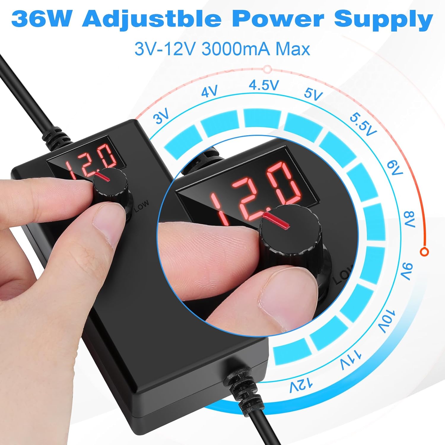 3V-12V 3A 36W Power Adjustable DC 3V 5V 6V 9V 12V Variable Adapter with LED Display, 100V-240V AC to 3V-12V DC Converter 3000mA Max with 5.5x2.1/2.5mm Female to Clip 3V-12V 3A 36W Power Adjustable DC 3V 5V 6V 9V 12V Variable Adapter with LED Display, 100V-240V AC to 3V-12V DC Converter 3000mA Max with 5.5x2.1/2.5mm Female to Clip