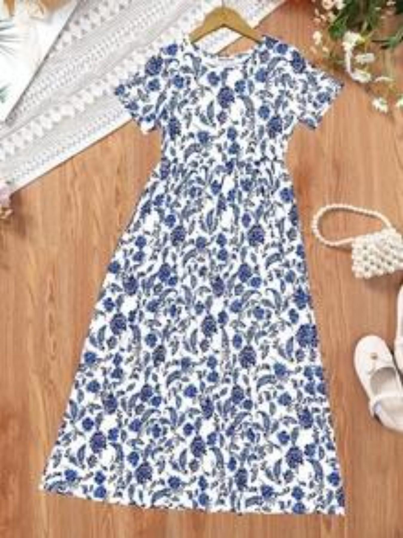 Boho Bohemian Style Paisley Full Print Short Sleeve Midi Dress, Girls' Holiday Casual Dress, Summer Gift, Fitted Leaf Pattern Dress