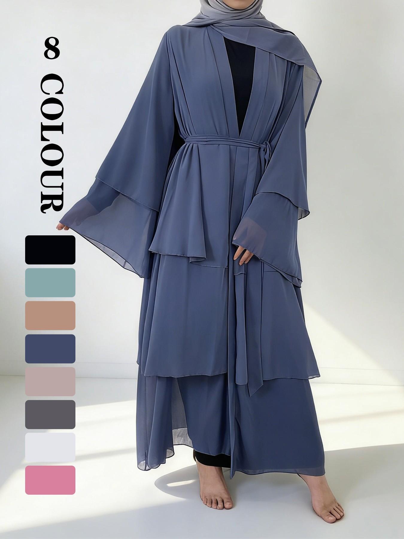 Spring Summer High-Quality Chiffon 3-Layer Eid Abaya with Belt, Casual Party Dress, Comfortable Breathable Fabric, Perfect for Weddings