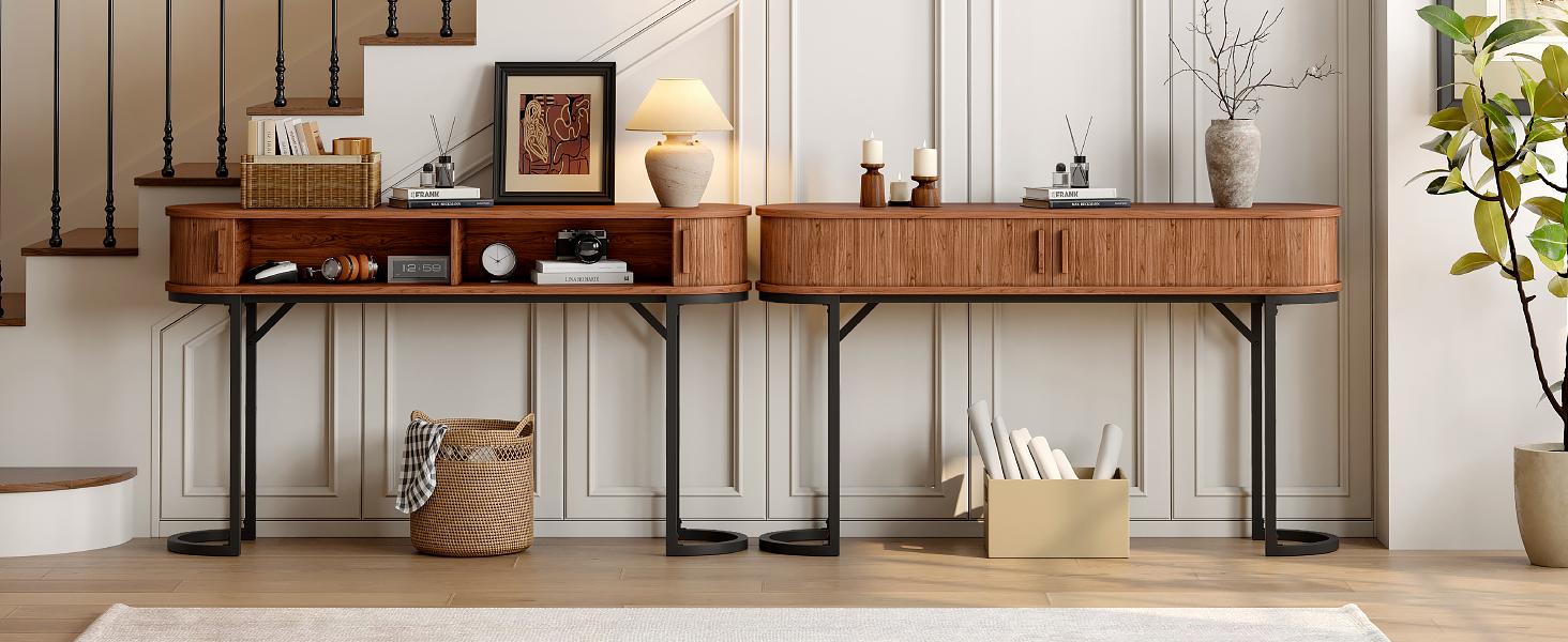 【SPOTLIGHT DAY】ONBRILL 55.1" Fluted Console Table With Tambour Doors And Metal Base For Hallway, Living Room