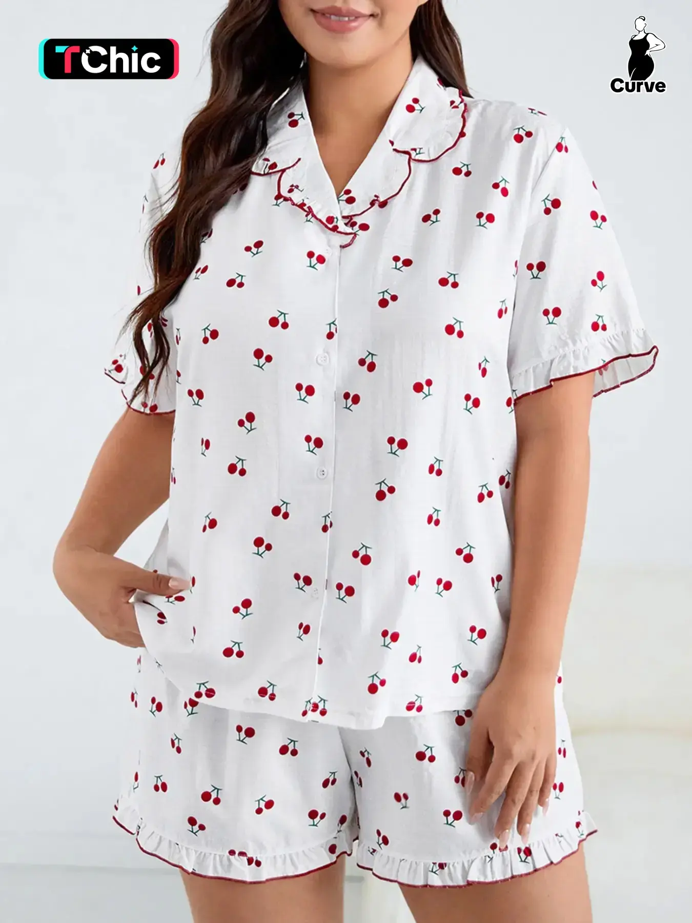 Plus Size Women's Cute Cherry Pajama Set, Textured Ruffle Button Collar Short Sleeve Top + Printed Shorts, Sweet Comfort Sleepwear Loungewear Pjs, Pajama Button Front
