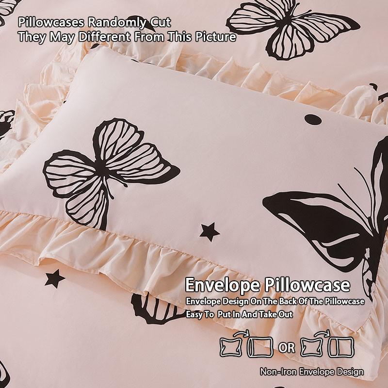 3-Piece Pink Butterfly Print Ruffled Bedding Duvet Cover Set includes 1 ruffled duvet cover and 2 pillowcases (without inserts).The duvet cover is designed with a zipper for easy removal and washing.
