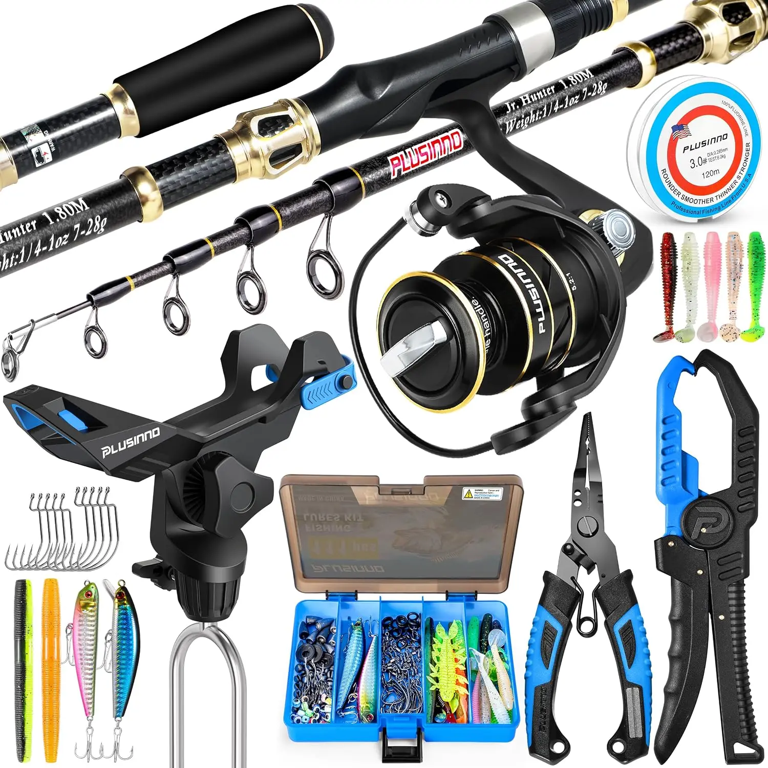 PLUSINNO Fishing Gear,Full Fishing Pole kit Include Fishing Rod and Reel Combo, Tackle Box with Fishing Lures, Fishing Accessories, Fishing Pliers,Fishing Gifts for Men with Fishing Tool Kit