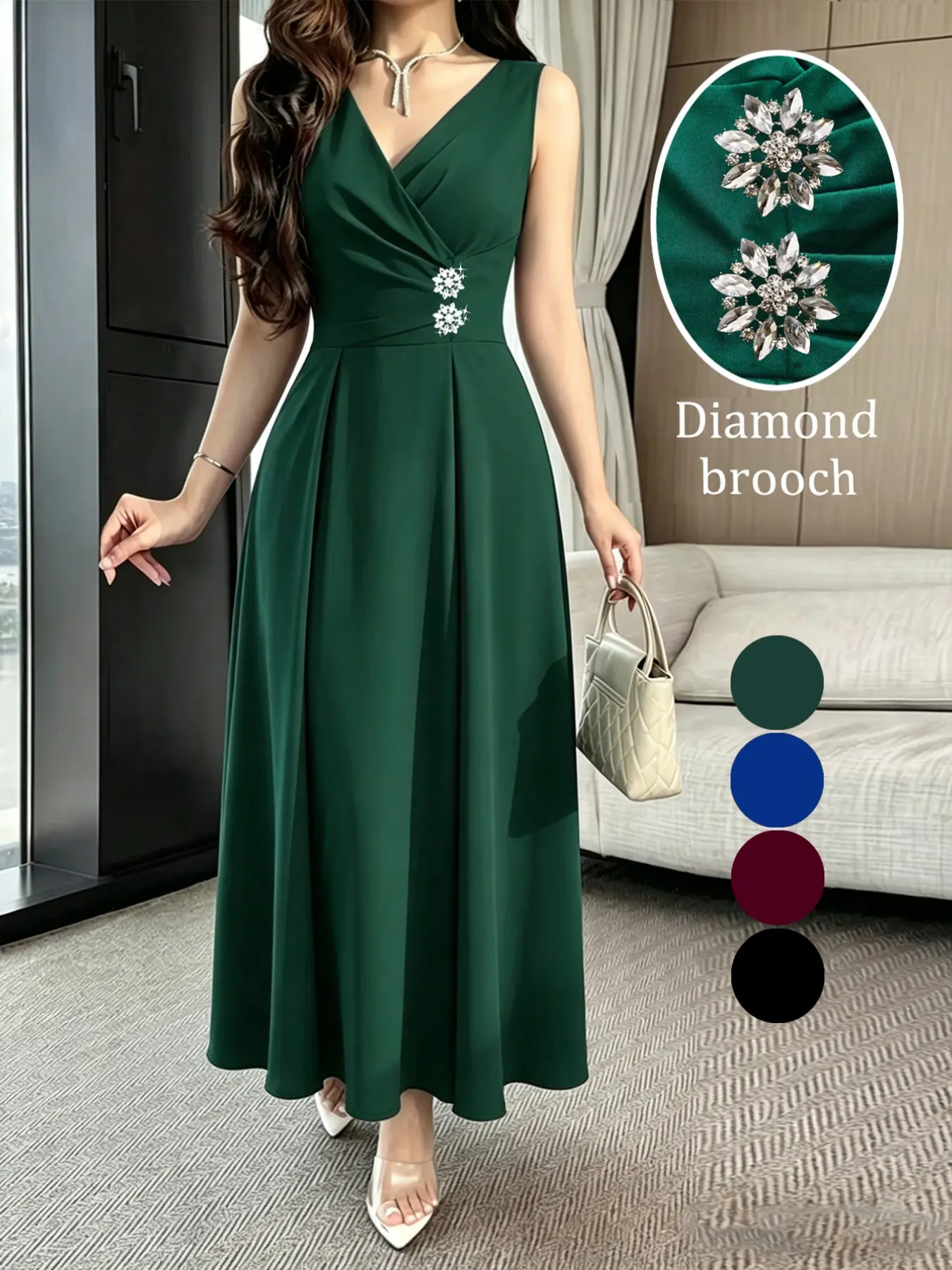 Elegant Sleeveless Dress for Women, Diamond Pin Buckle, French Style Casual Dress, Perfect for Daily Wear, Parties and Events
