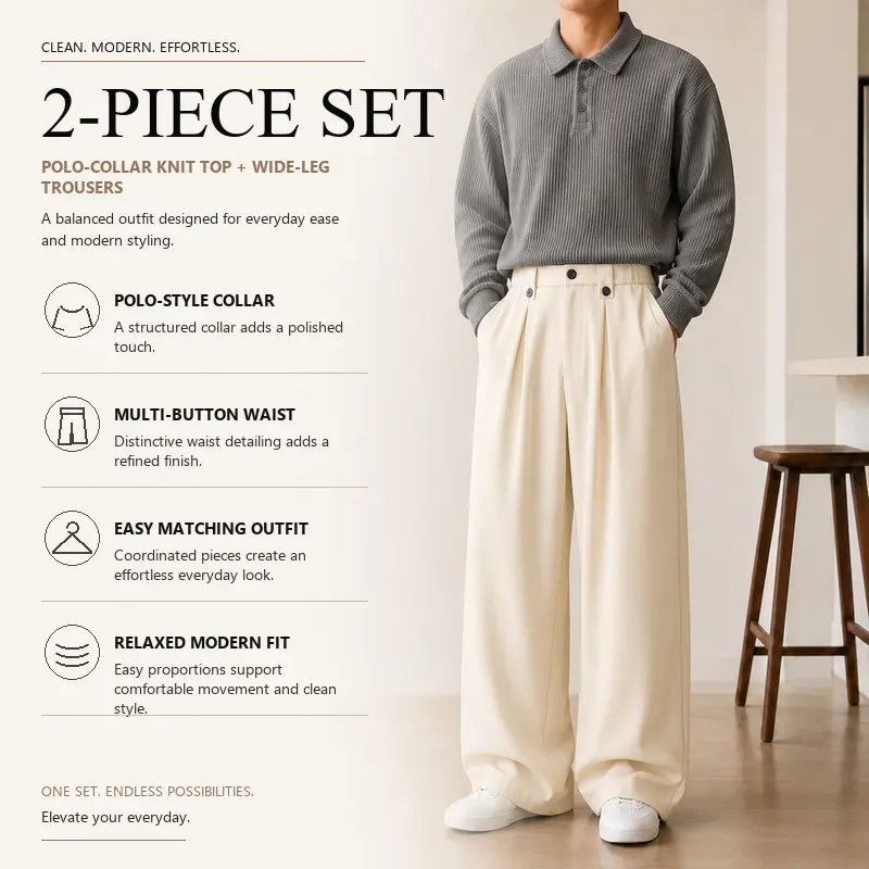 Men's Everyday Two-Piece Coordinated Set, Polo Collar Ribbed Knit Sweater with Straight Leg Tailored Pants, 8 Curated Solid Color Pairings, Sizes S-XXL, Daily Work Travel Style, Group 12