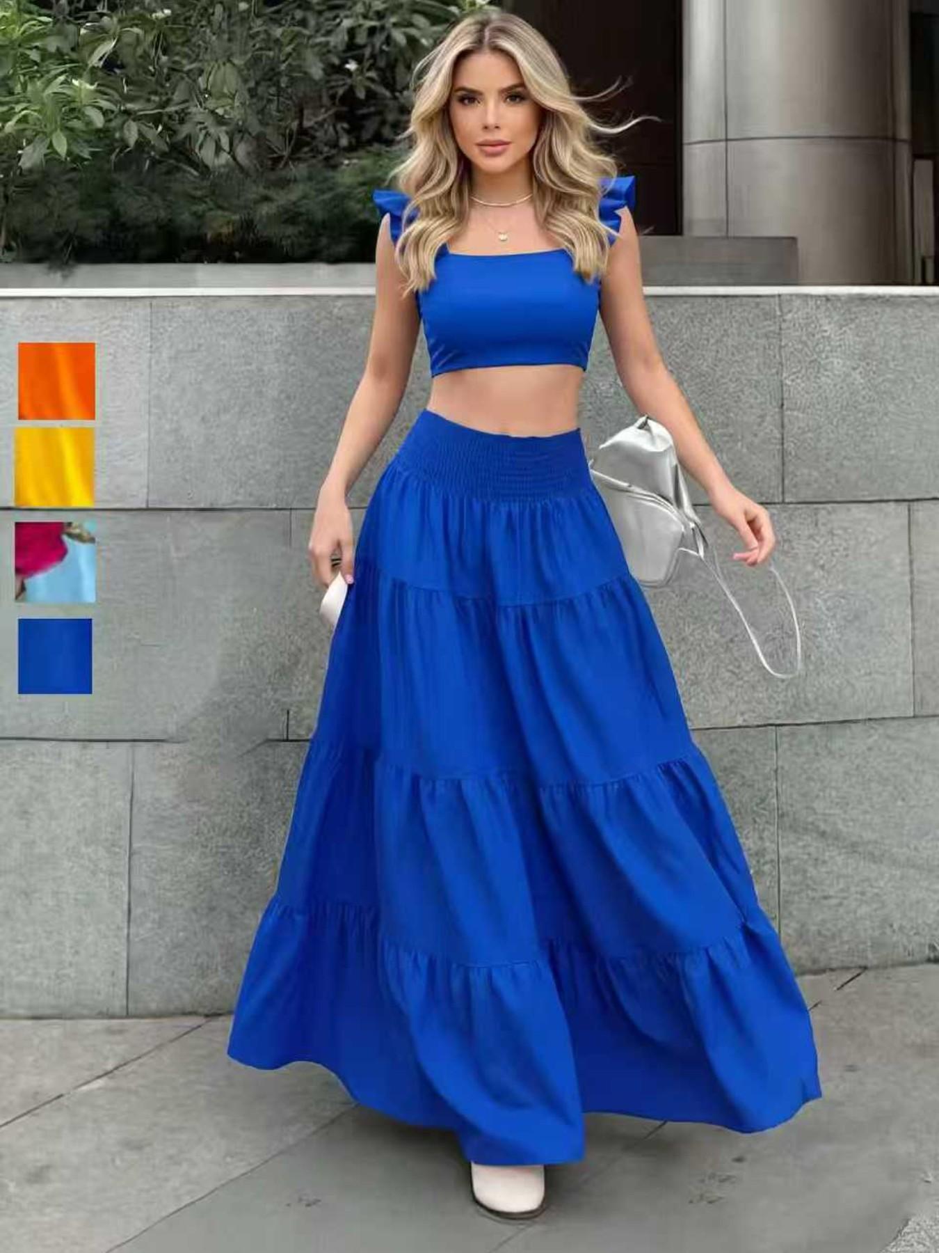 Sexy Vacation, Perfect for Daily Wear, Party Dress, Sleeveless Strap Top Ruffles Skirt Set, Elegant, Chic and Stylish, Ideal for Special Occasions
