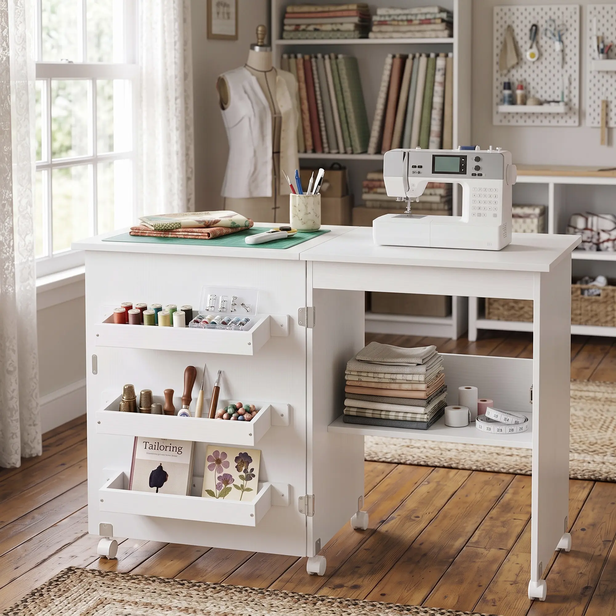 Folding Sewing and Craft Table with Storage Shelves and Trays, a Compact Multipurpose Desk with Lockable Wheels, Pegs and Magnetic Locks, a Space-Saving Sewing Table for Sewing Machines, Home Office, Bedroom and Craft Room