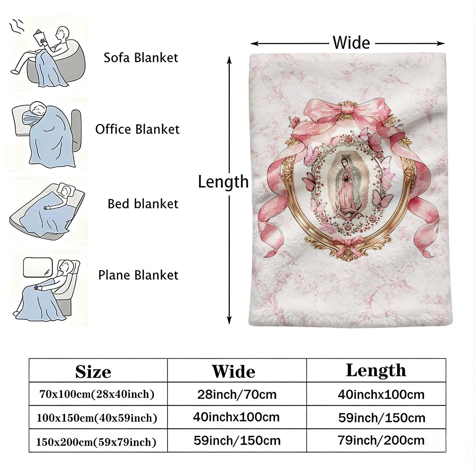 Our Lady of Guadalupe Flannel Throw Blanket, Cozy Warm Fleece Blanket with Pink Bow & Butterfly Print, Soft Plush Gift Blanket for Couch Bed Sofa, Decorative Religious Blanket for All Seasons, Perfect Gift for Friends & Family