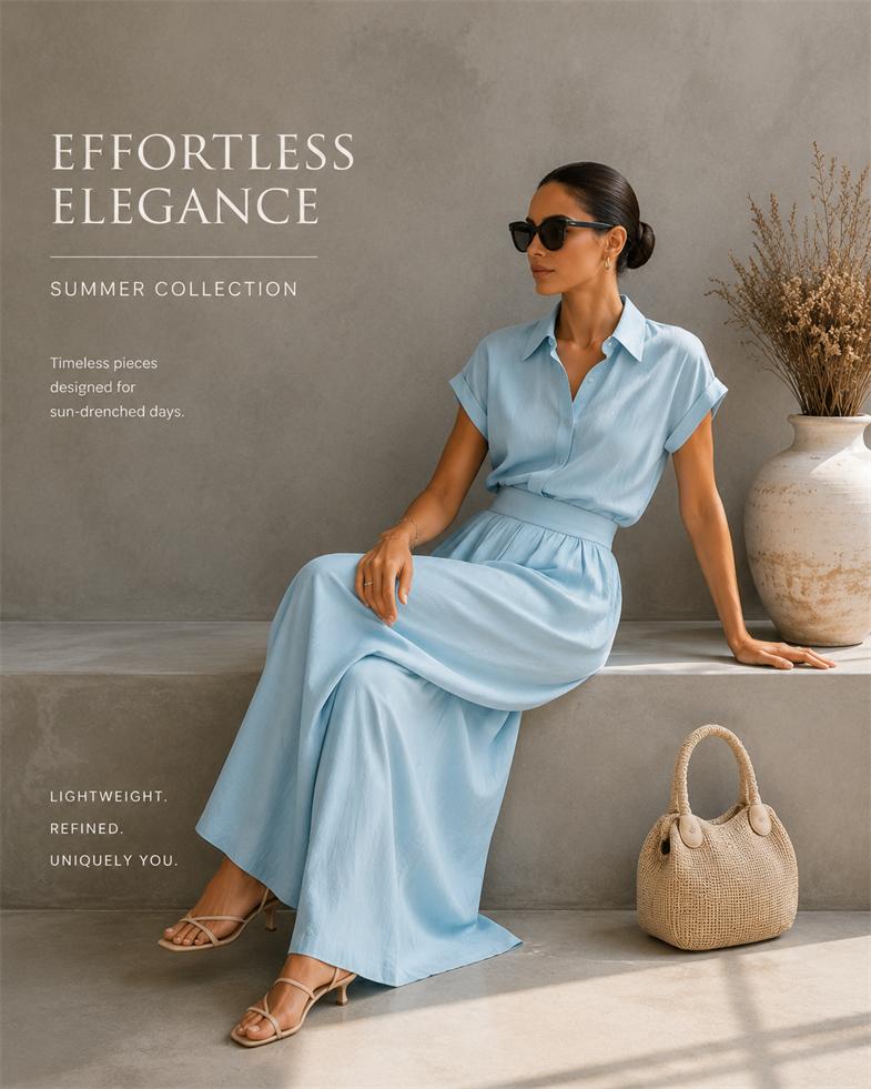 Women's Cotton-Linen Blend 2-Piece Set - Collared Neck Short-Sleeve Button-Down Shirt, High-Waist Loose-Fit Wide-Leg Pants, Elegant Minimalist Outfit for Summer Vacation, Dry Cleaning Compatible