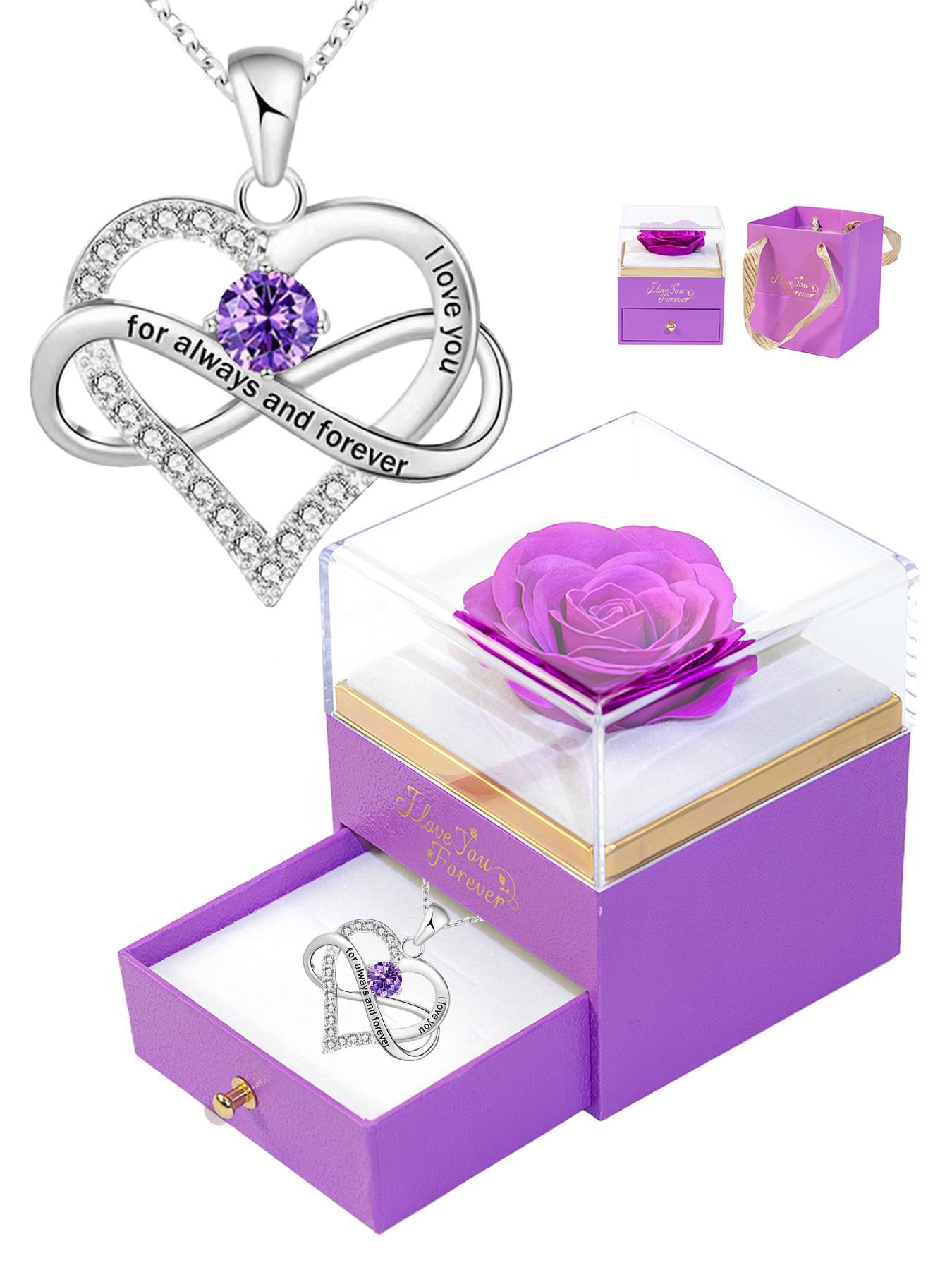 Women's heart-shaped infinity pendant necklace and rose gift box set, pendant engraved with 'I love you forever', stylish Mother's Day and Valentine's Day gift, women's jewelry gift, women's necklace, a gift for the most loved family members and lovers.
