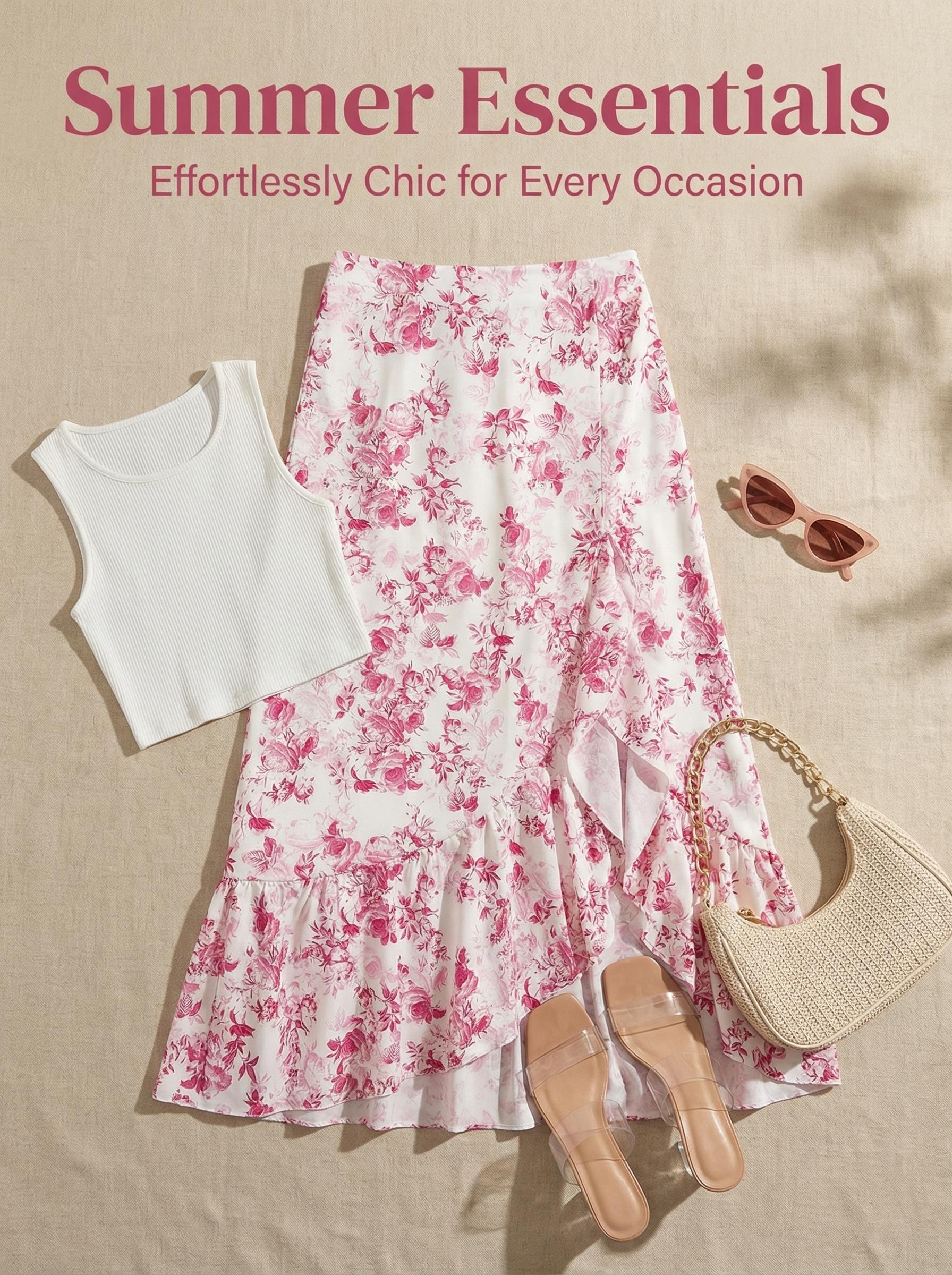 Bohemian Elegant Floral Print Irregular Ruffle A-Line Midi Skirt, Loose-Fitting Design for Garden Parties & Beach Vacations