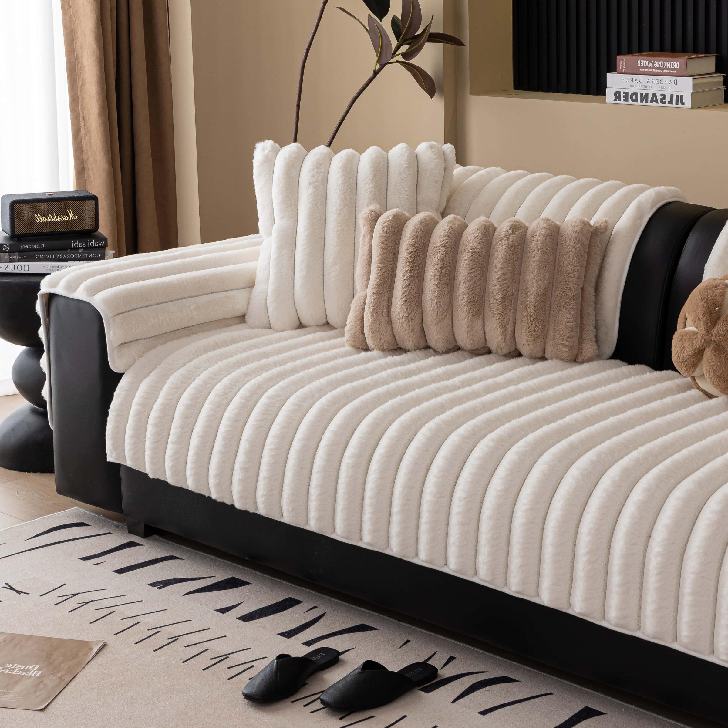 Solid-colour plush sofa couch, Pet-Friendly Extra Thick Sofa pad, Soft Fluffy Fur Couch Protector, Non-Slip Washable couch cover, Sofa Couch Covers, Anti-Scratch Furniture Throw Blanket for Living Room, 3-Seater, Multi-Color Available, Couch Slipcover