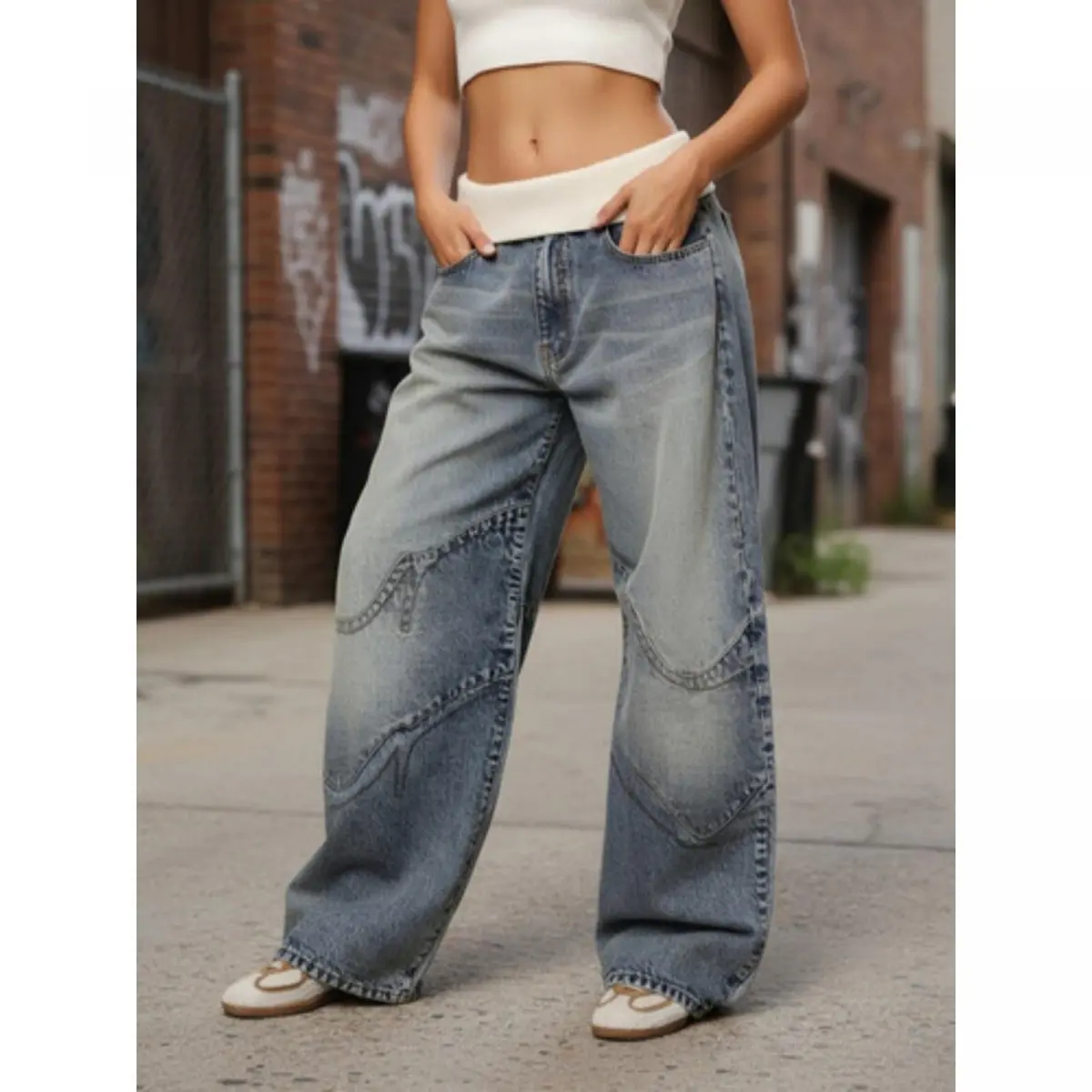 Y2k pure cotton jeans, vintage street style sexy black and white cuffed waist design, washed low-waist jeans for women, camouflage jeans,Revice flared pants,womenswear