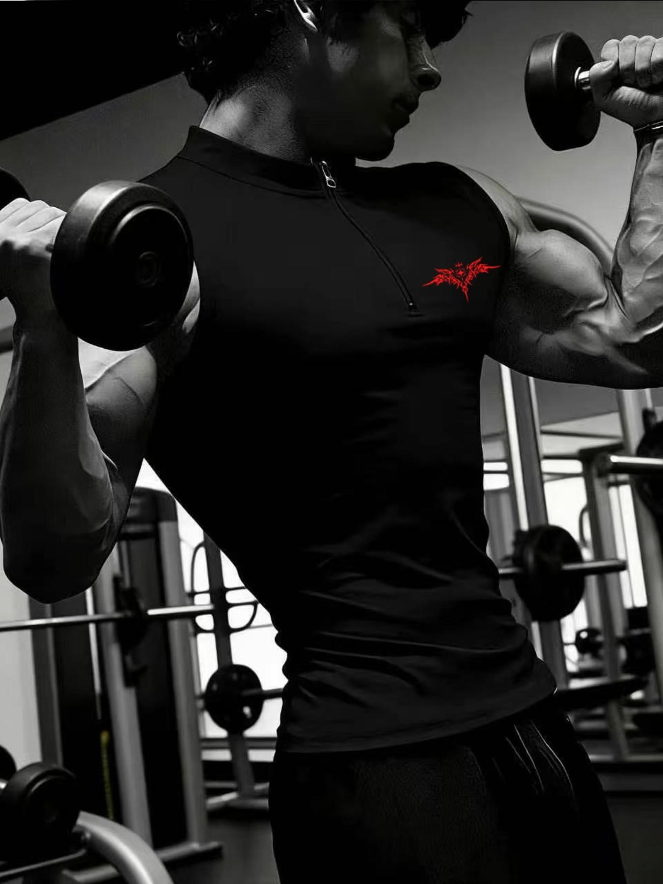 Mens Gothic Logo Quick Dry Sleeveless Shirt | Muscle Fit Half Zip Workout Tank | Gym Bro Streetwear Fitness Top
