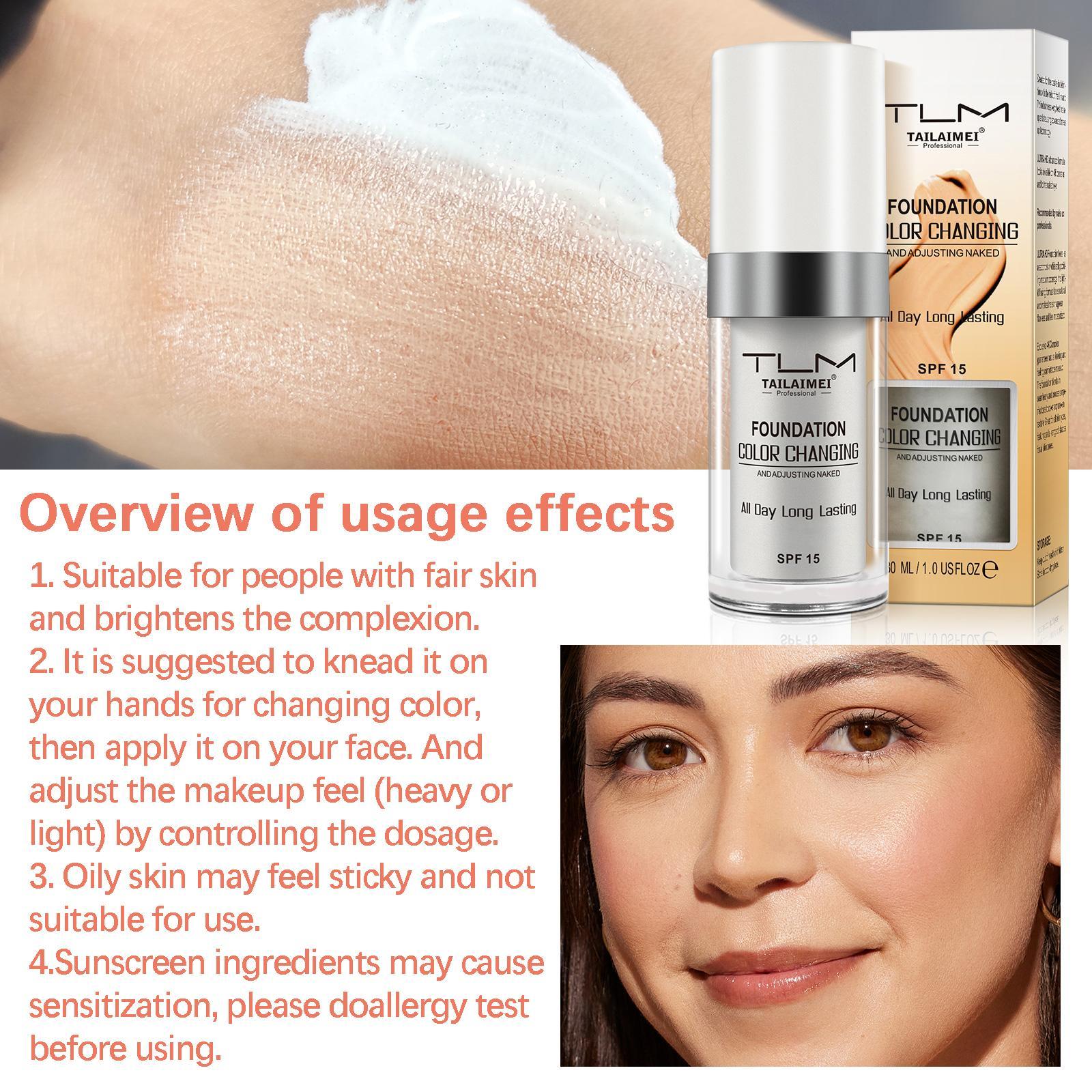 30ML Color Changing Foundation Liquid Set with Brush, Waterproof Sweatproof Long-Lasting Natural Makeup, Moisturizing Bb Cream Oil Control