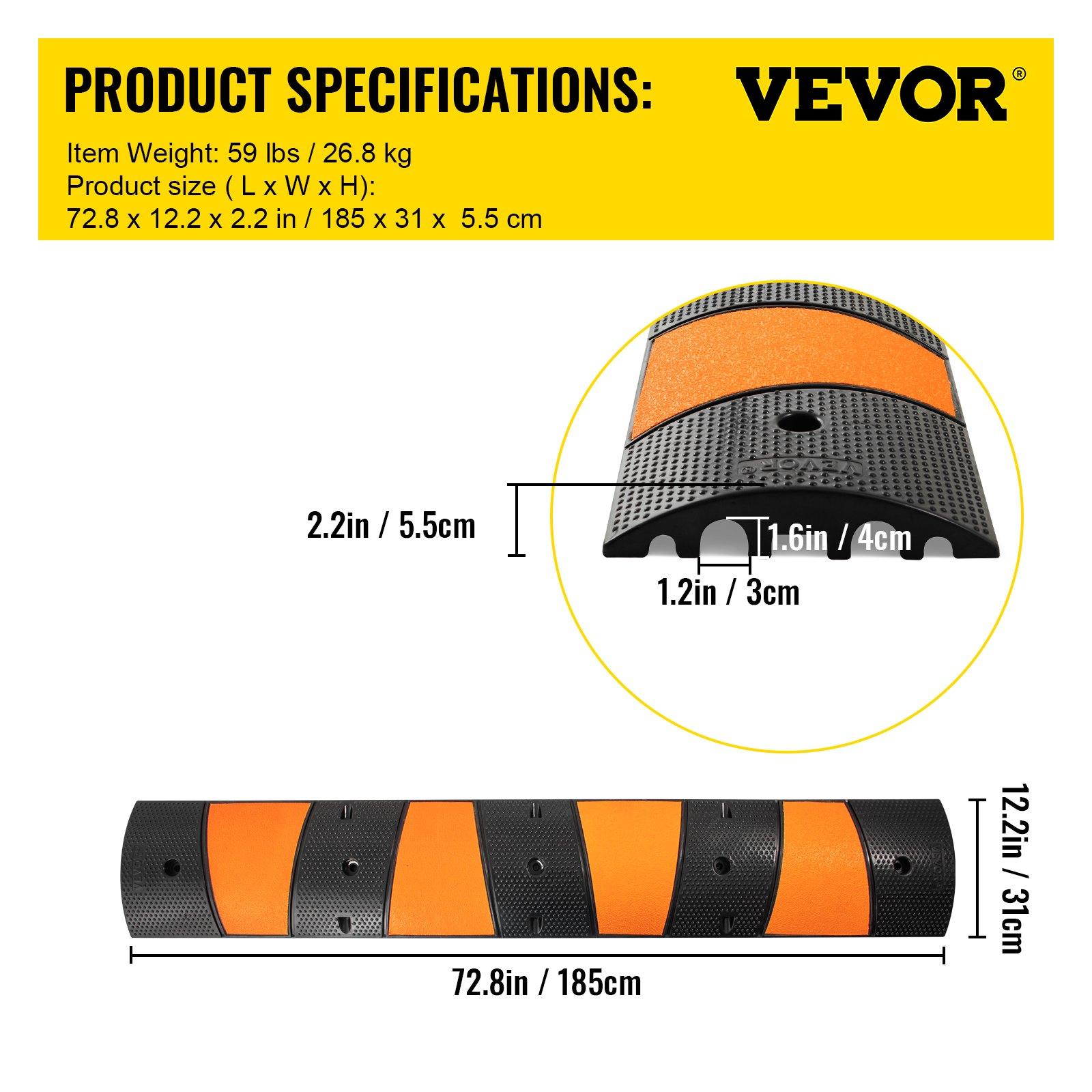 VEVOR Rubber Traffic Calming Device, Single Unit with Dual Channels, 72" Length Modular Design Supports Up to 22000 LBS, Dimensions 72.8 x 12.2 x 2.2, Suitable for Asphalt, Concrete, and Gravel Sur VEVOR Rubber Traffic Calming Device, Single Unit with Dual Channels, 72" Length Modular Design Supports Up to 22000 LBS, Dimensions 72.8 x 12.2 x 2.2, Suitable for Asphalt, Concrete, and Gravel Sur