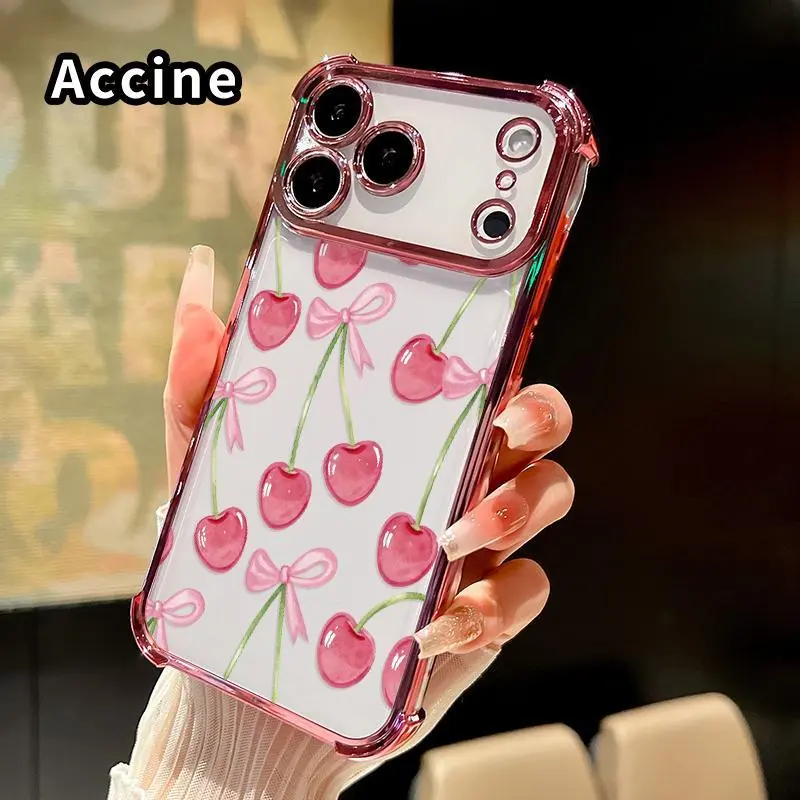 Cherry Bows Pattern Shockproof 4-Corner Anti-Fall Transparent Electroplated Cellphone Casing Cover, Enhanced Protection Slip-Safe Hold Accessory for iPhone 18,17,16 Pro Max,15 Plus,14 Pro,14,13,12,11,E,Air