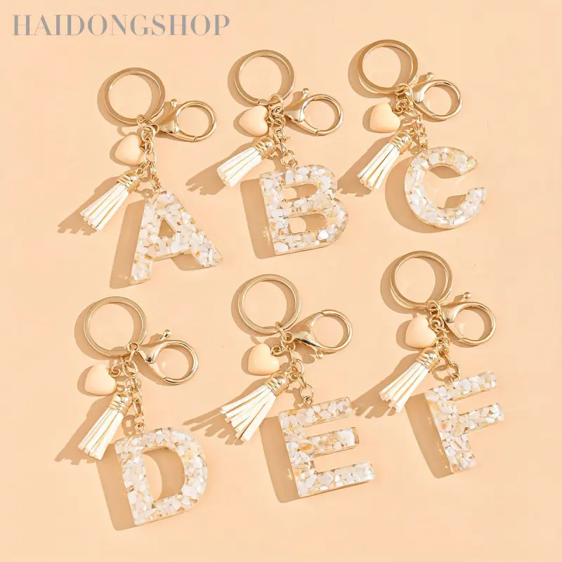 Letter A Initial Keychain, Shell Glitter Alphabet Bag Charm, Heart Tassel Pendant, Personalized Gold Key Ring Accessory Gift