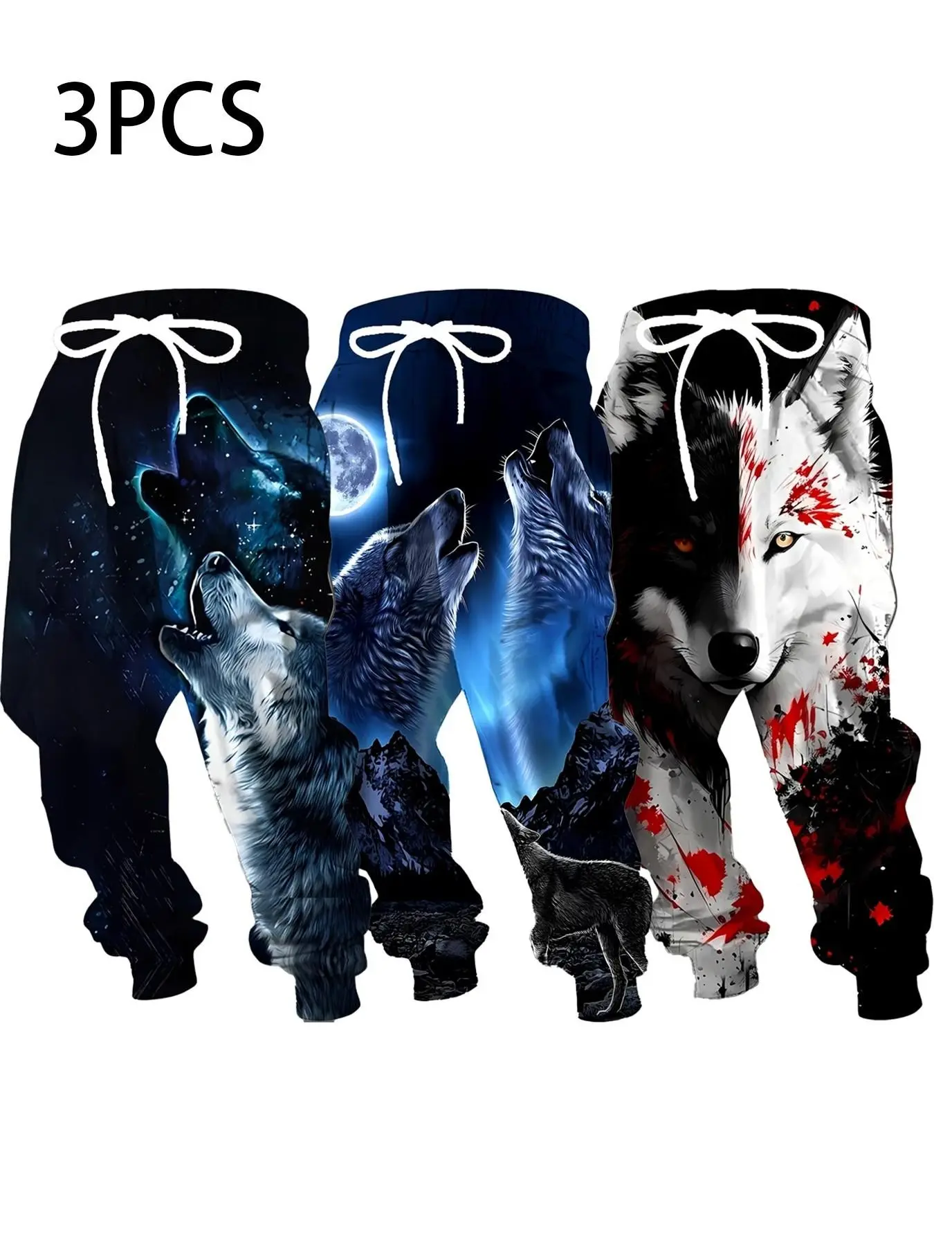3-Pack Men's Drawstring Sweatpants, Moonlit Wolf Howl 3D Print, Dark Wolf Totem, Casual Streetwear, Loose-Fit Ankle-Length Pants