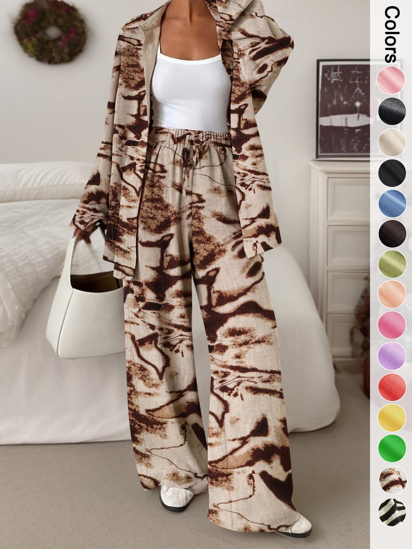 Women's Casual Sporty Shirt Long Pants Set, Loose Button-Up Top Wide Leg Pants Two-Piece Set, Comfortable and Stylish