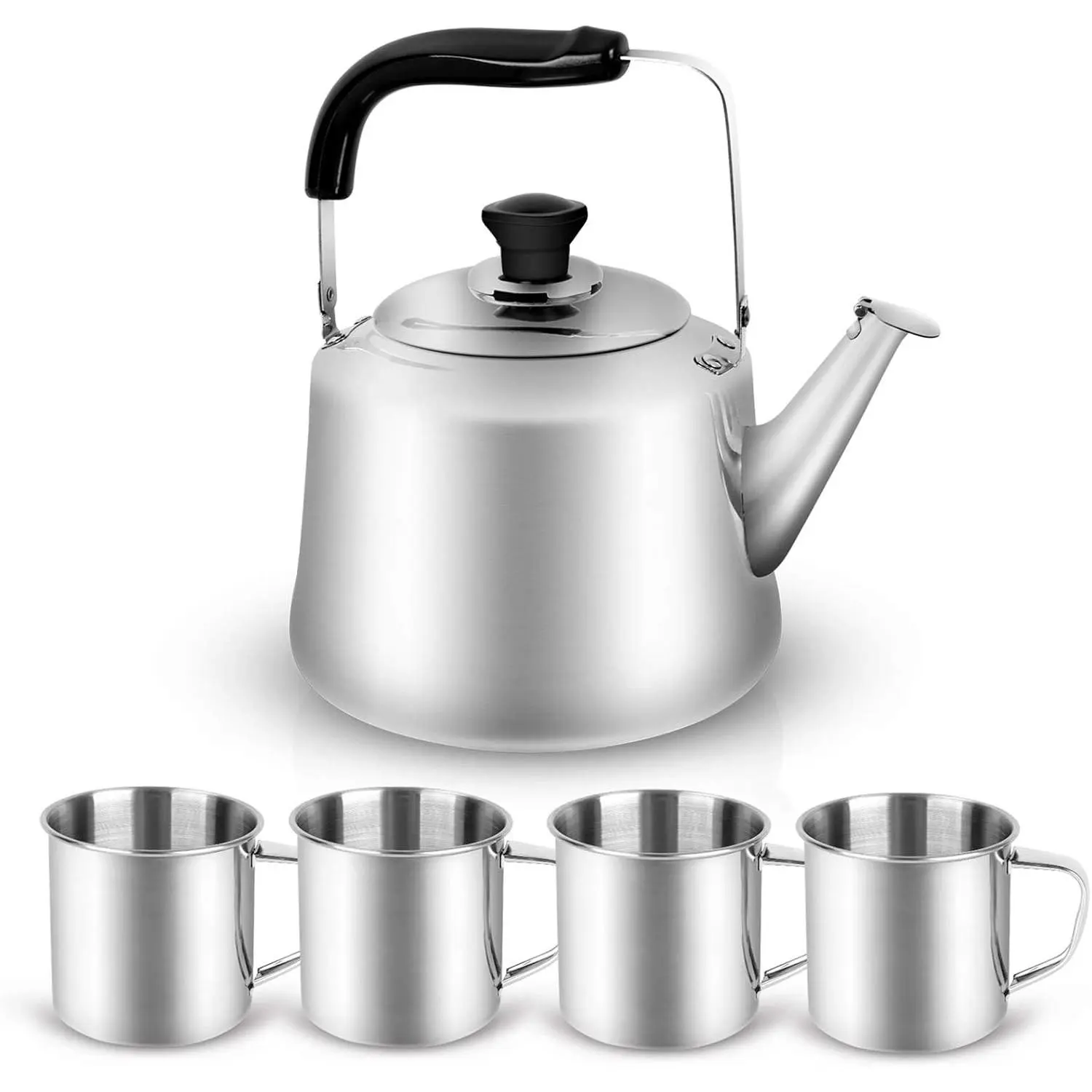 3.8Qt Stainless Steel Camping Tea Kettle Set with 4 Cups, Durable Stovetop Safe Water Kettle for Indoor Home Kitchen, Outdoor Hiking Backpacking Picnic Family Use