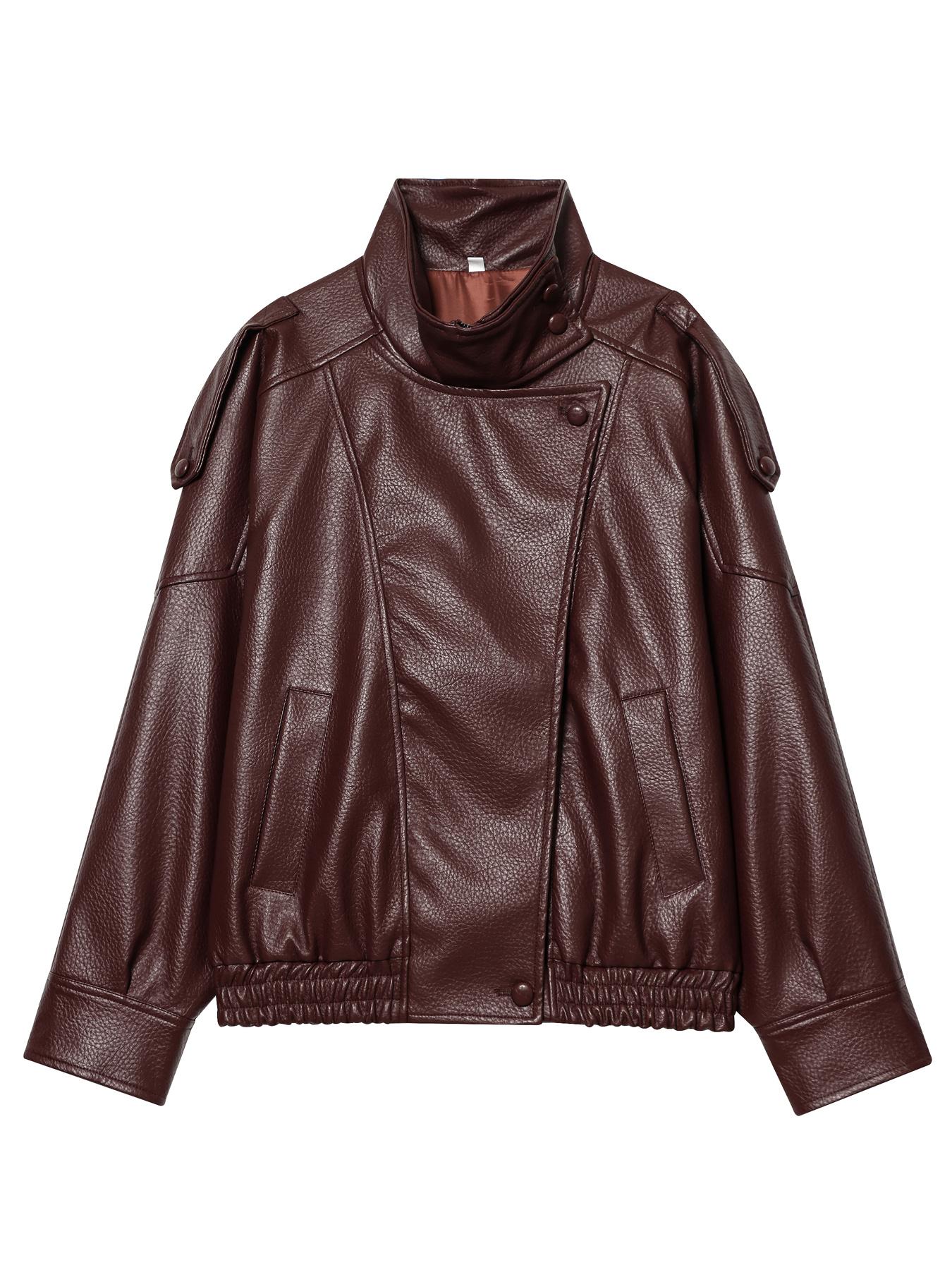 Women's Street Style Faux Leather Jackets, Coats, Casual Loose Fitting Jacket High Neck Long Sleeve Zipper Jackets for Women, Asymmetric Button & Pocket Design, 2026 Spring New Jackets, Moto-Inspired Jacket, Womenswear, Ladies Black Outerwear