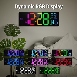 8 Colors Digital Wall Clock, 16.2" Large Digital Clock with Temperature, Date, Auto DST, Night Light, Auto Brightness Dimmer, 24/12-hour Wall Clock for Living Room Office Classroom Gym,camping essentials