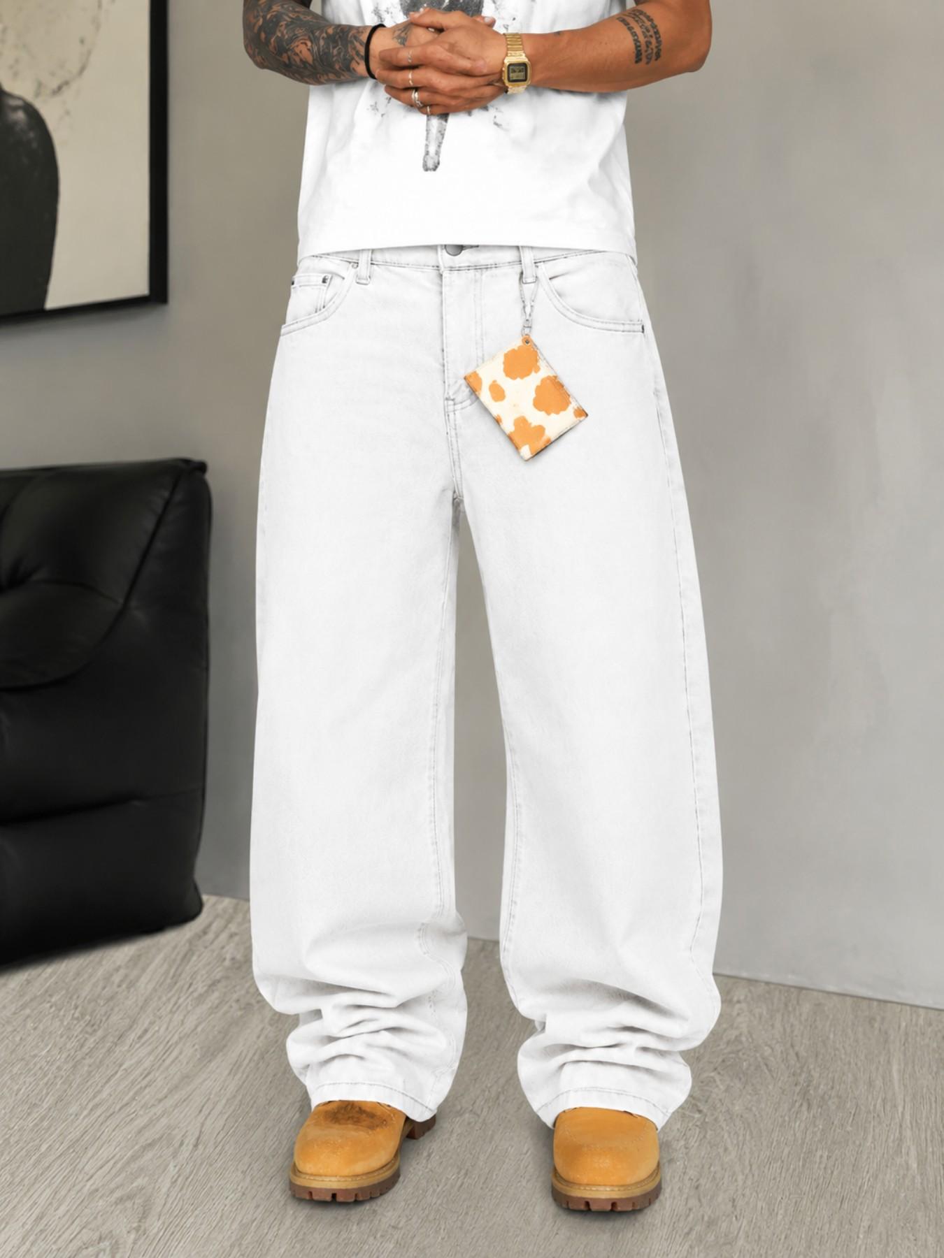 Men’s Light Gray Washed Jacquard Jeans, Loose Straight Leg Relaxed Fit Denim Pants for Casual Y2K Streetwear