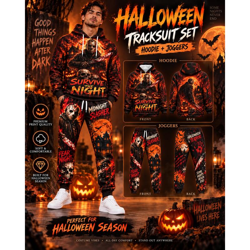 Men's Scary Thrilling Halloween Hooded Casual Pants Set, Trendy Night-Walking Survival Clothes, Horror Fan Spooky Season Outfit
