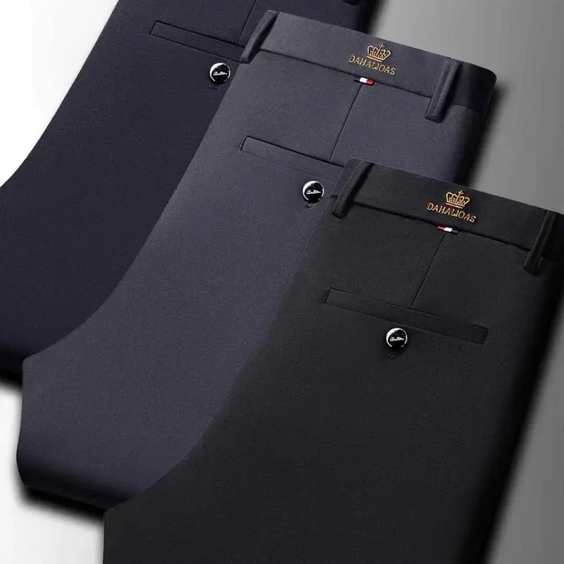 3-Pack Men's Loose Straight Leg Elastic Formal Pants, Casual Business Wear, All Seasons, High Waist, Ankle Length, Button Fly