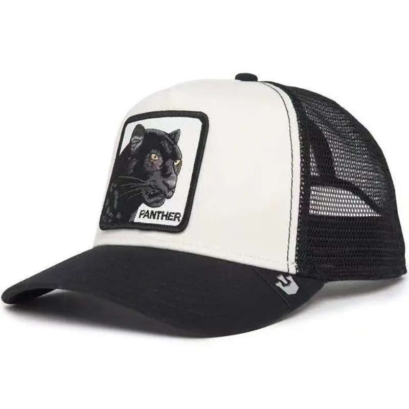 Cartoon Animal Embroidery Mesh Trucker Hat, Black Panther Tiger Wolf Pattern Breathable Baseball Cap for Outdoor Sports