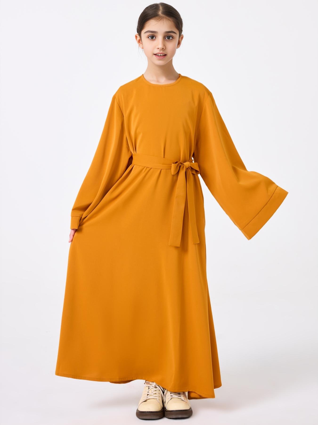 Girl's Solid Belted Dress, Modest Long Sleeve Dress for Daily Wear, Kids Clothes for All Seasons