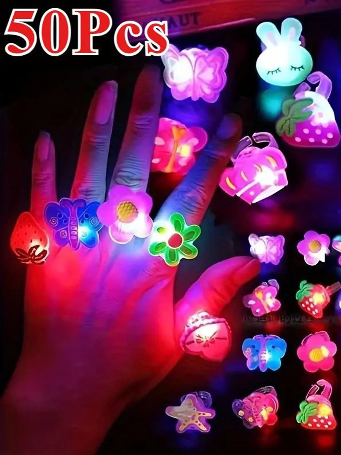 50 LED Halloween Christmas Rings, Cute Animal Flower Fruit Pumpkin Ghost Skull Santa Party Ring Gift, Holiday Decorations