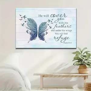 Psalm 91:4 "He will cover you with his feathers" - Inspirational Bible Verse Canvas Wall Art, Wooden Frame, Hanging Painting, Perfect for Room Decoration