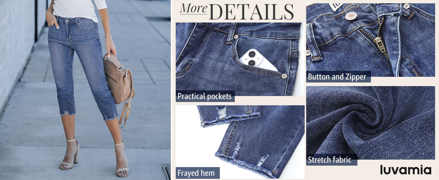 luvamia Jean Capri Pants for Women High Waisted Ripped Skinny Jeans Stretchy Denim Capris Cropped Jeggings with Pockets Slim Trouser