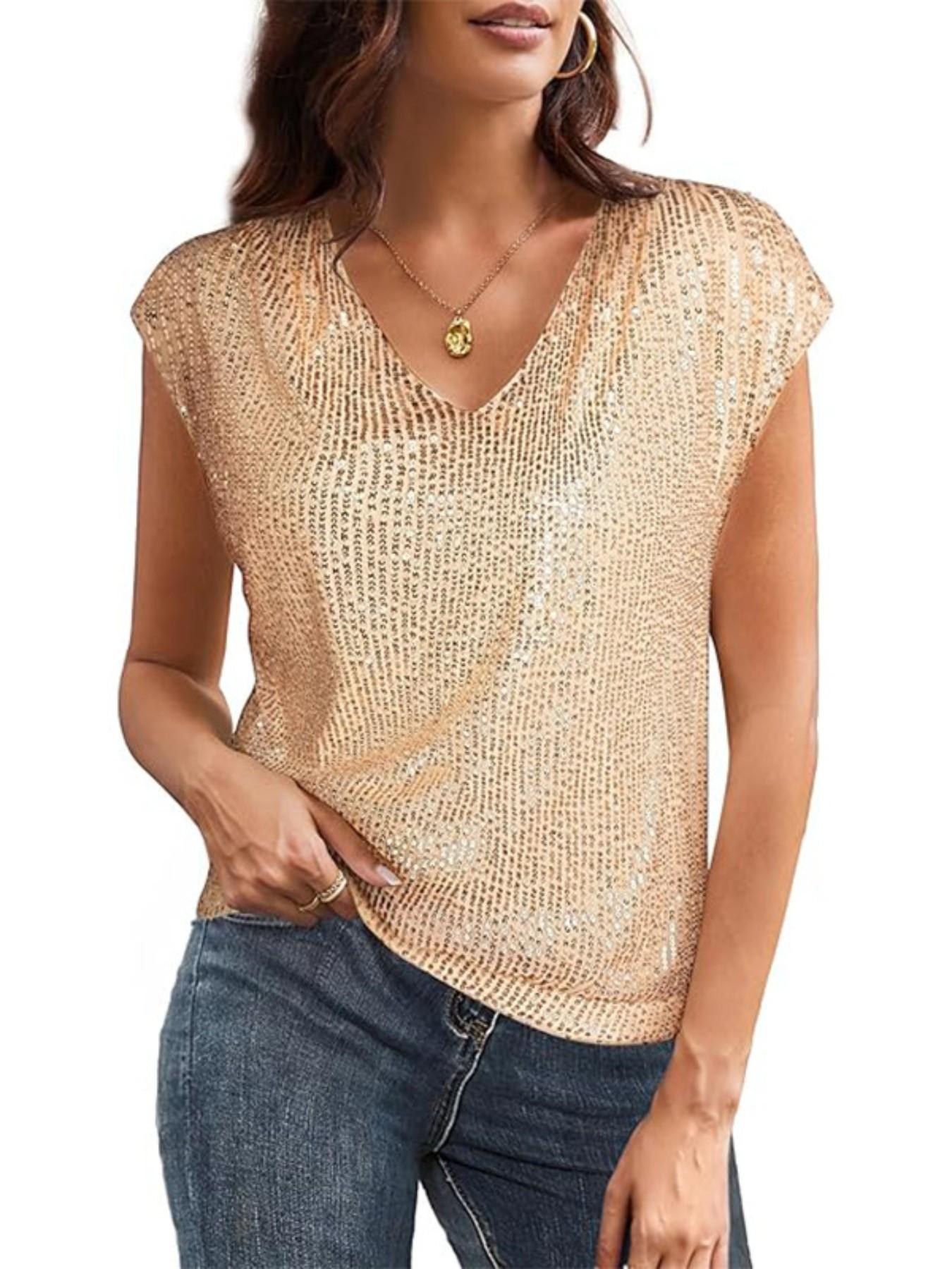 Women's V Neck Sequined Short Sleeve Top, Sparkling Backless Party Shirt, Stylish Casual Wear for Women, Perfect for Parties and Events
