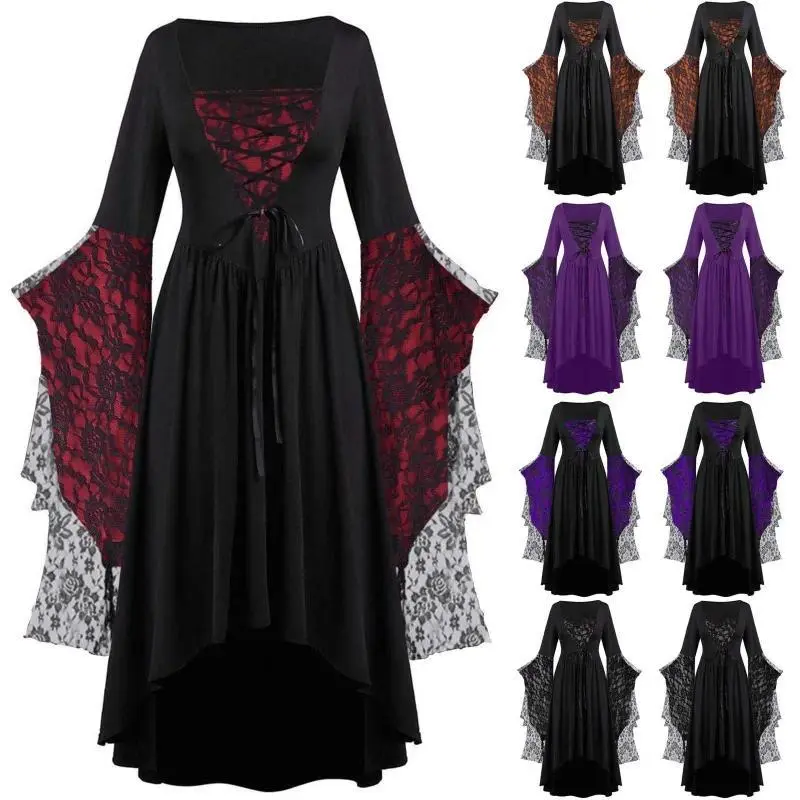 Vintage Halloween Cosplay Costume Witch Vampire Gothic Dress Ghost Dresses Up Party Printed Medieval Ghost Bride Female Clothes