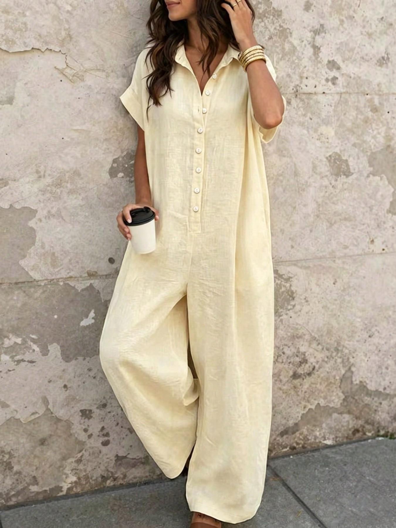 Women's Casual Loose-Fitting Breathable Jumpsuit, Summer Short Sleeve Collared Print Jumpsuit, Wide Leg Long Pants with Button Closure