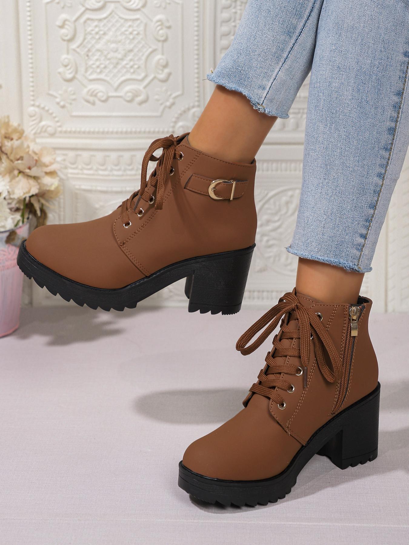 Women's Chunky Heel Thick Sole Ankle Boots, Side Zipper Lace-Up High Heel Boots, Fall Winter Casual Fashion Shoes