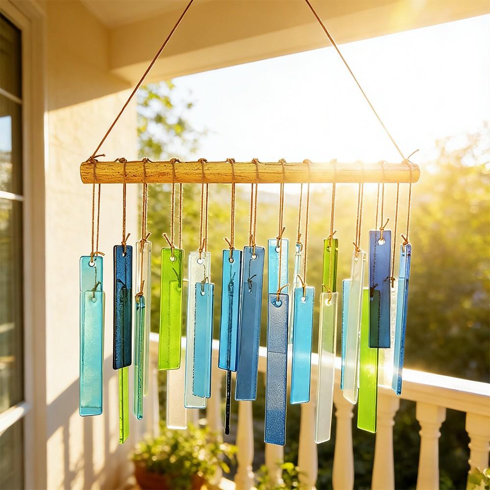 Spring Colorful Glass Handmade Wind Chime, Rectangular Frosted Glass, Outdoor Garden Yard HDecor, Boho Style Home Decoration