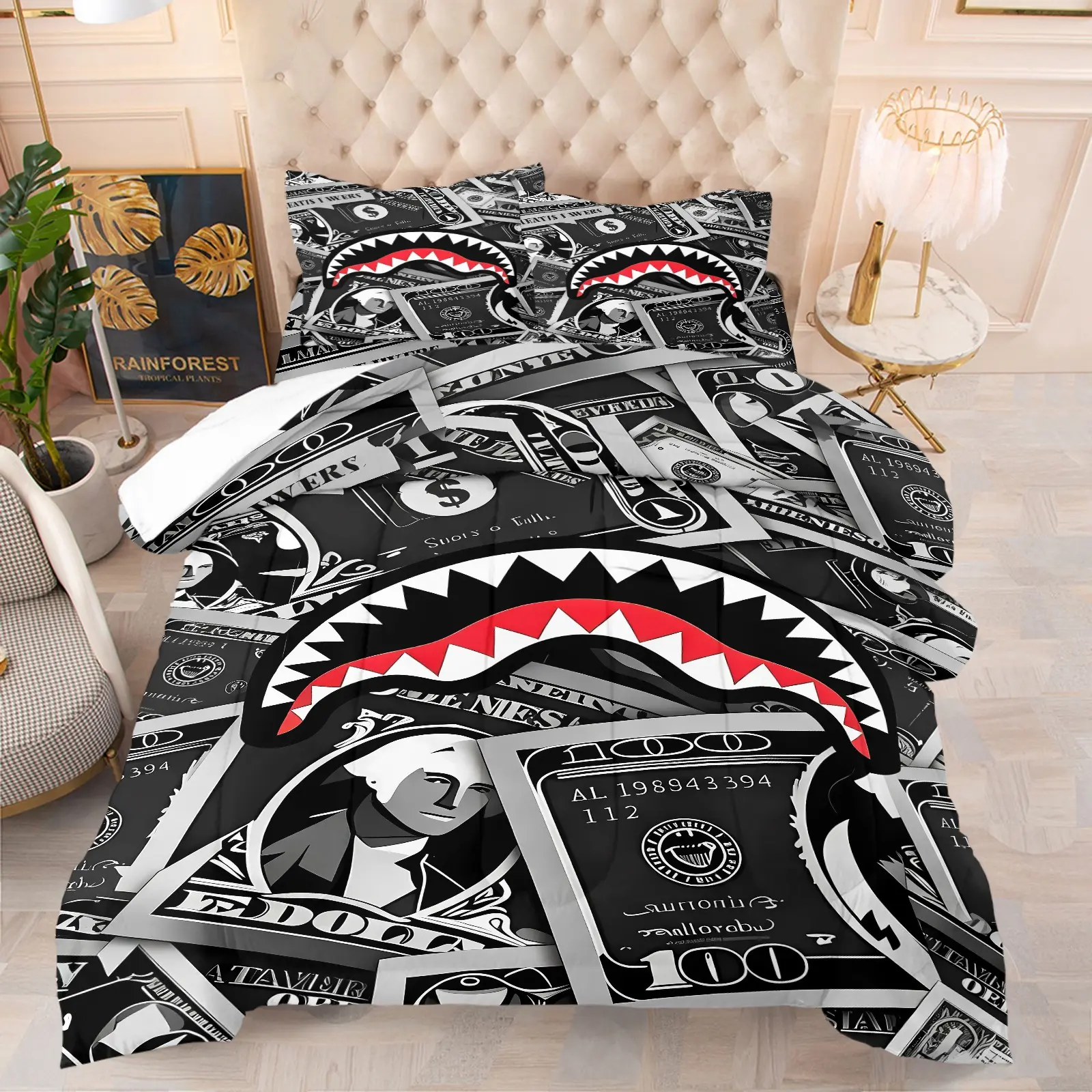 Trendy Shark Teeth Dollar Money Print Comforter Set (1 Comforter + 1-2 Coreless Pillowcases), Soft Comfy Durable Washable, All Season Microfiber Fabric, Street Style Black White Cash Pattern Bedding Decor for Boys Men Apartment