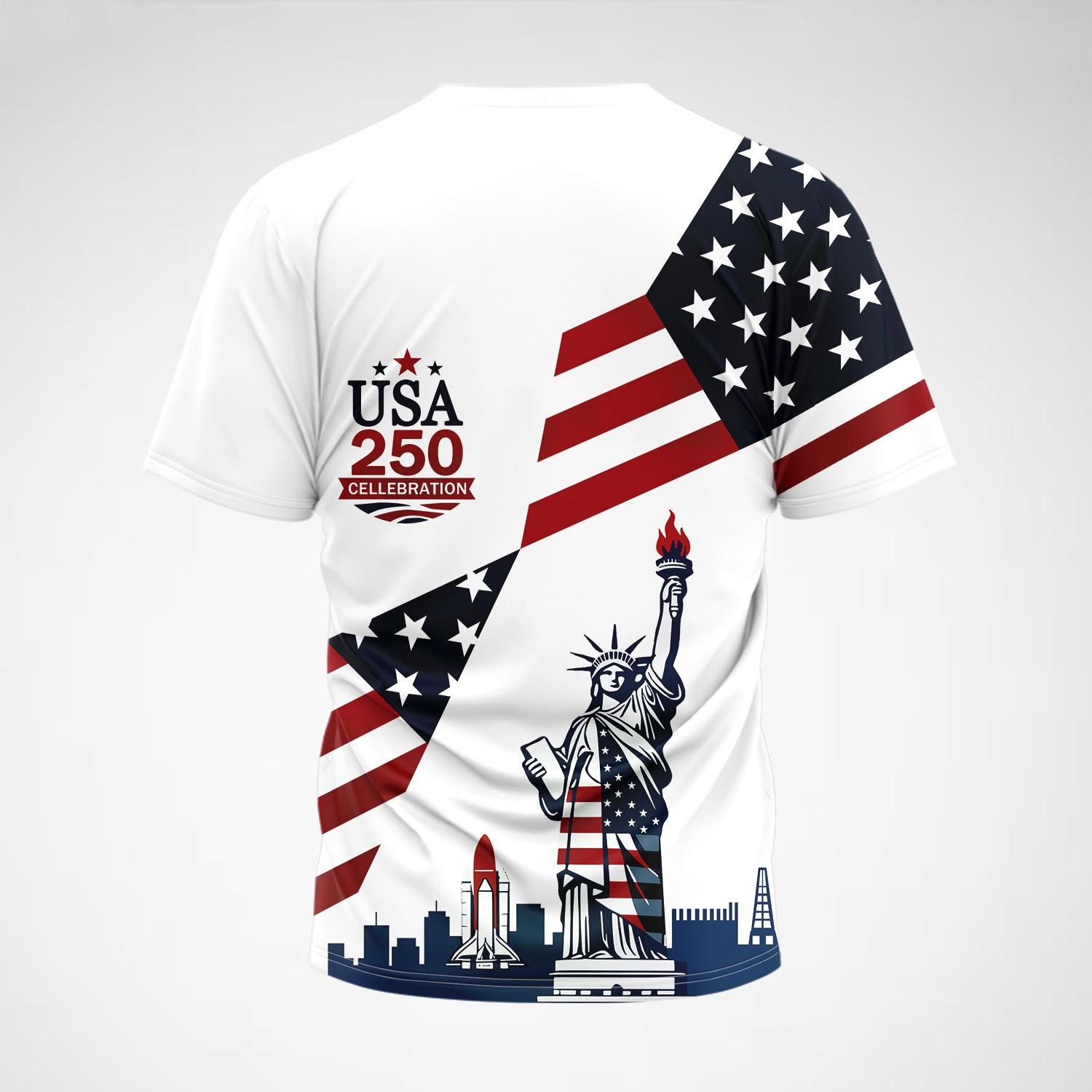 Men's Round Neck Short Sleeve T-Shirt, Usa 250th Anniversary Liberty Statue Flag City Building Graphic Print, Soft Breathable Summer Casual Tee