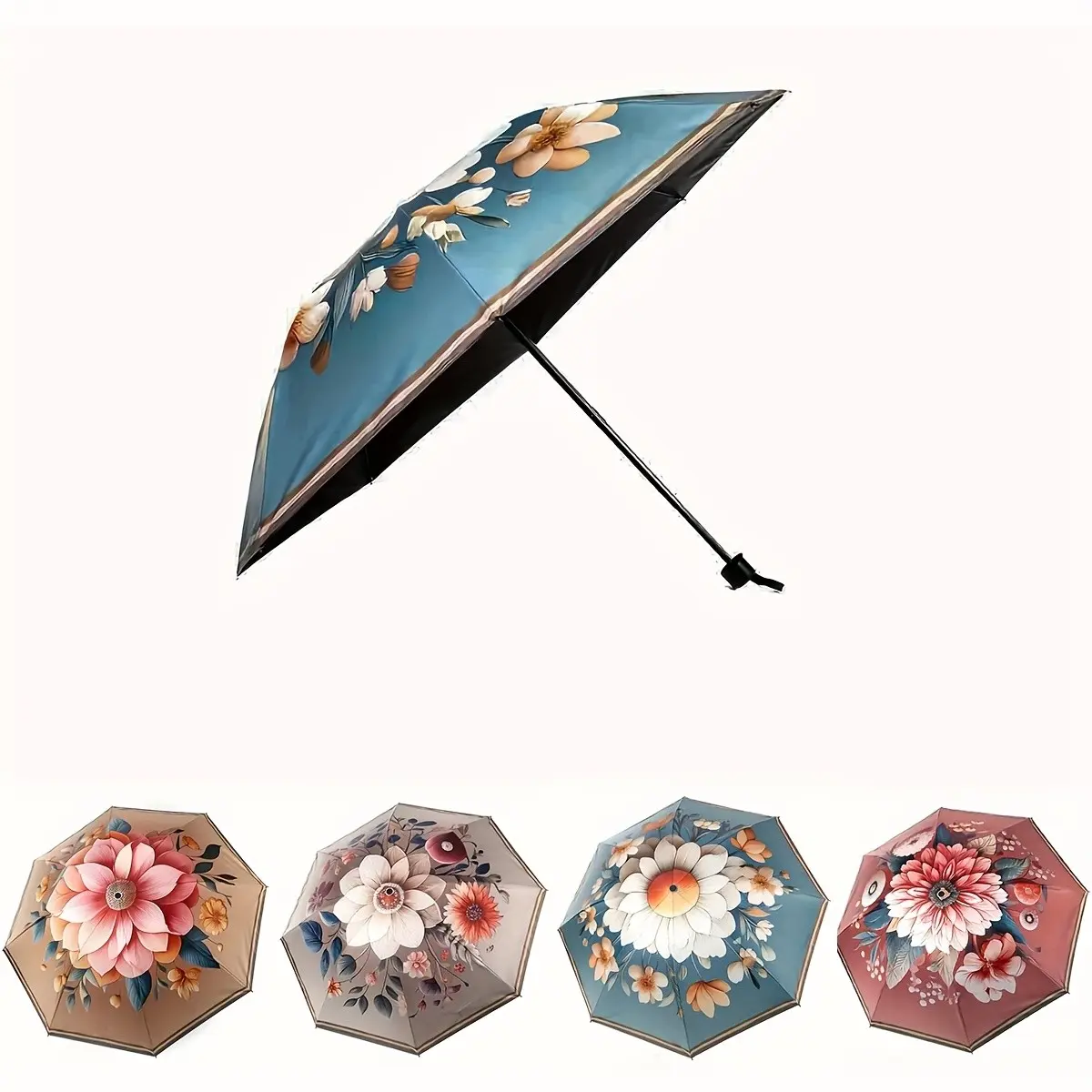 Large Blooming Floral Pattern 3-Fold Umbrella, Manual Open, Coating, UV Protection, Portable Outdoor Sun & Rain Umbrella